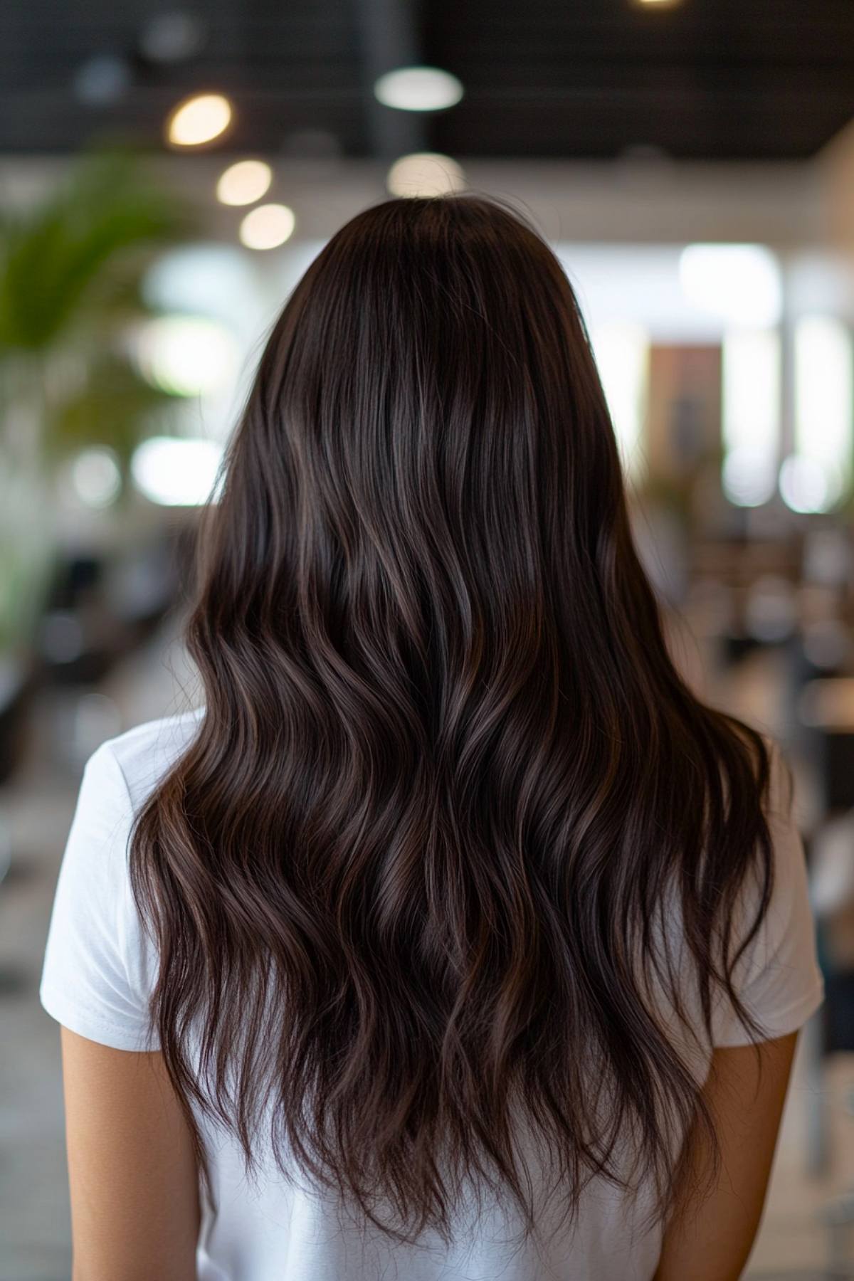 Warm dark brown hair with soft waves