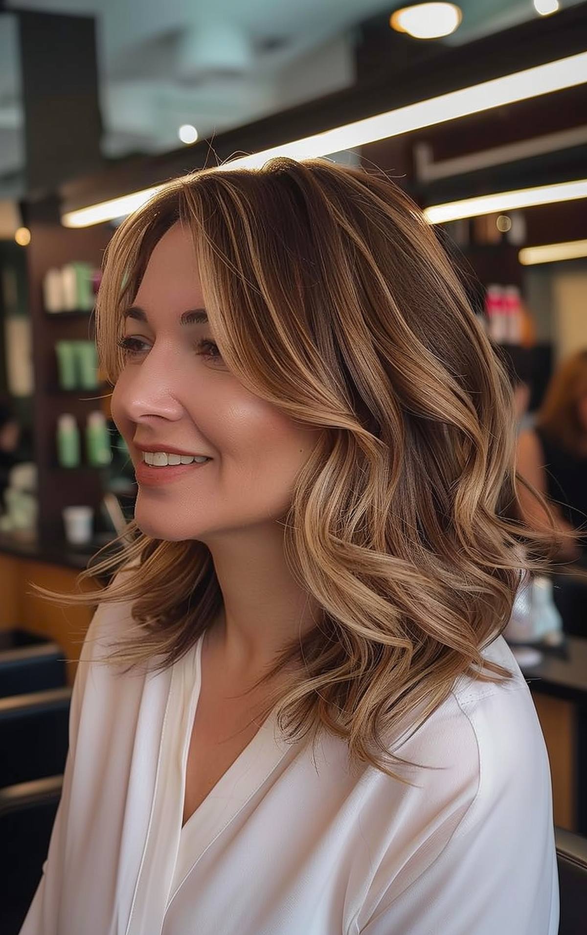 Wavy bronde balayage hairstyle with caramel and beige highlights for medium-length hair