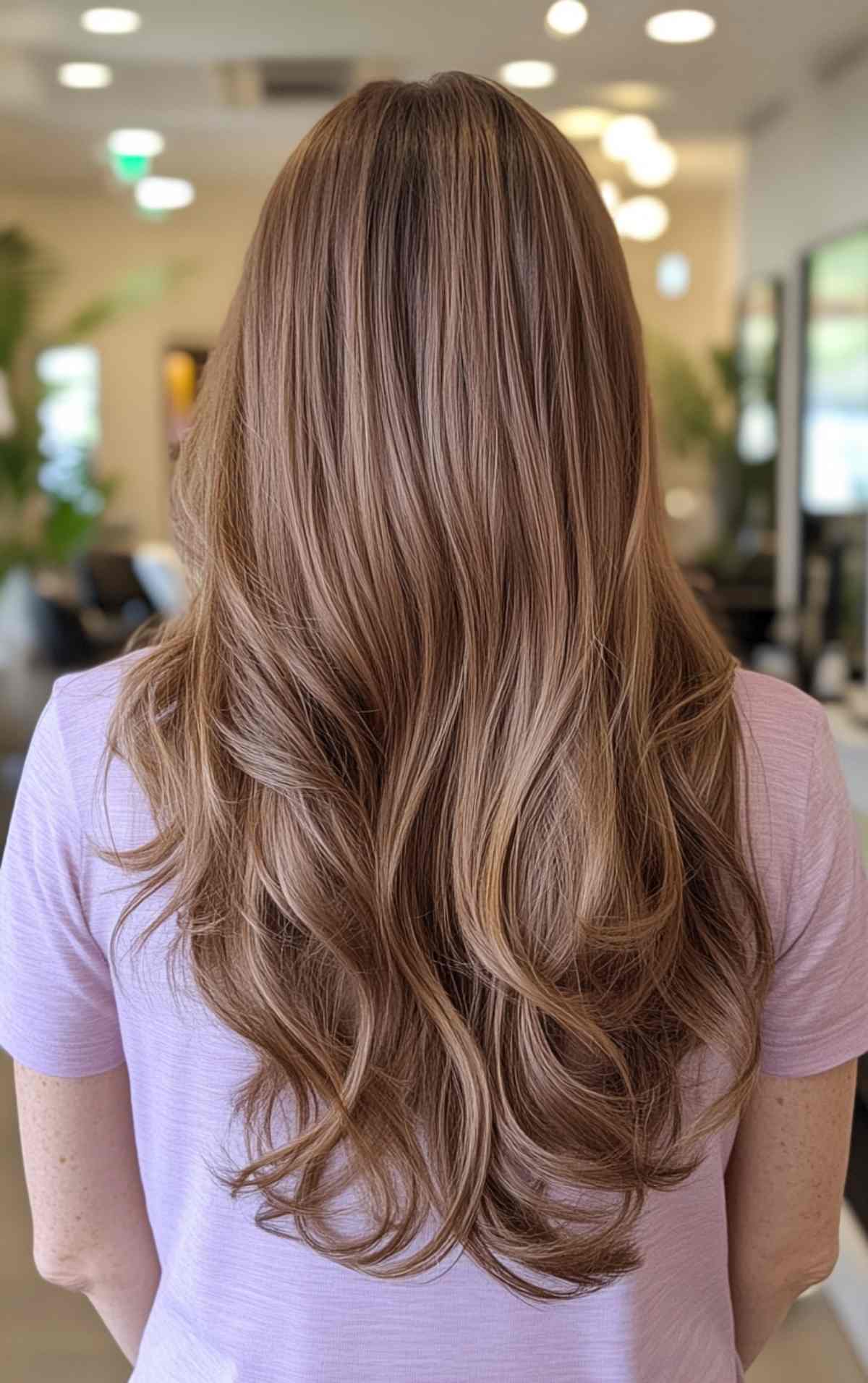 Long, layered warm light brown hair with subtle highlights for dimension