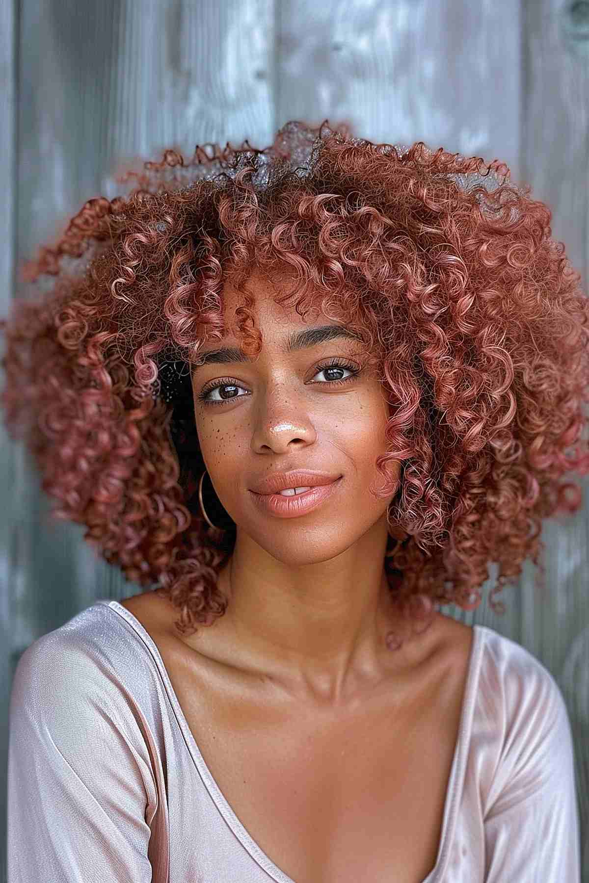 Close-up of a woman with warm peach curls, beautifully defined to enhance her brown skin and showcase a natural, voluminous style.