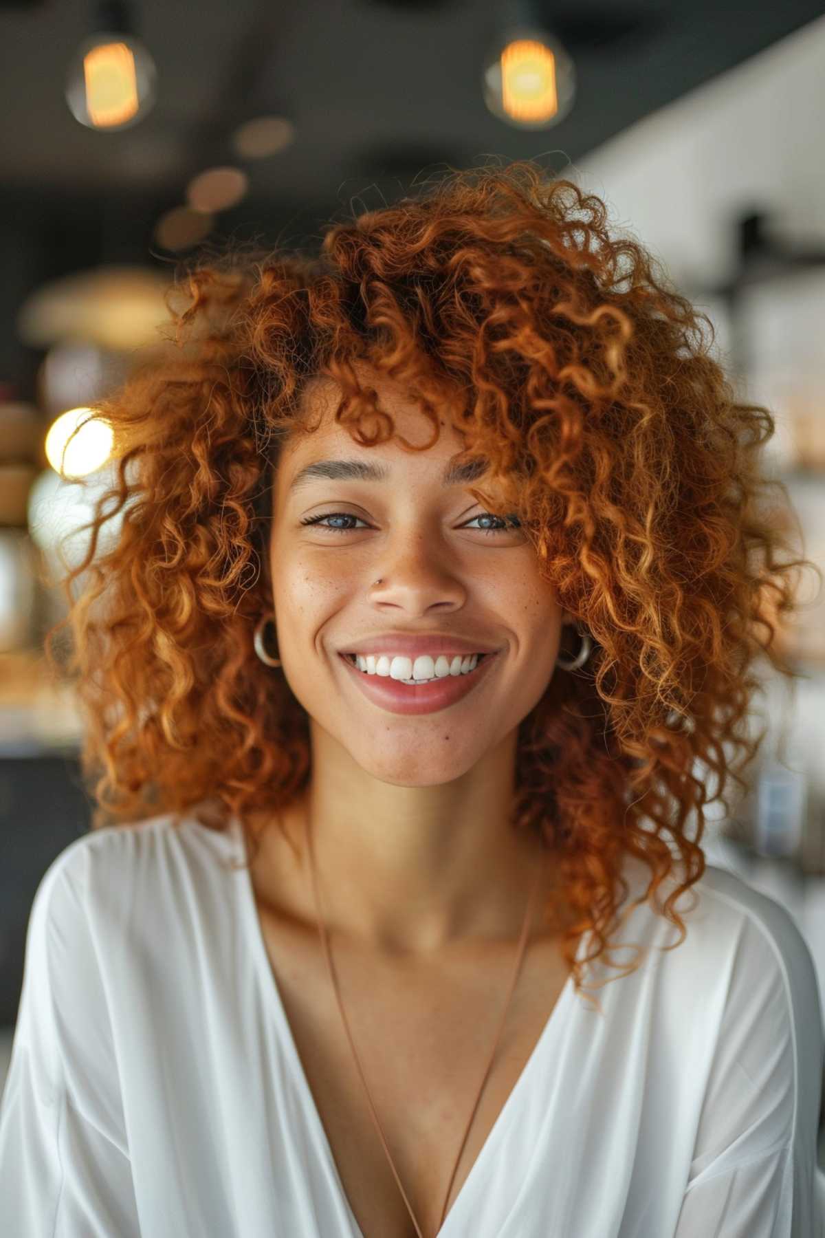 Warm-toned ginger hair on a woman with a morena complexion