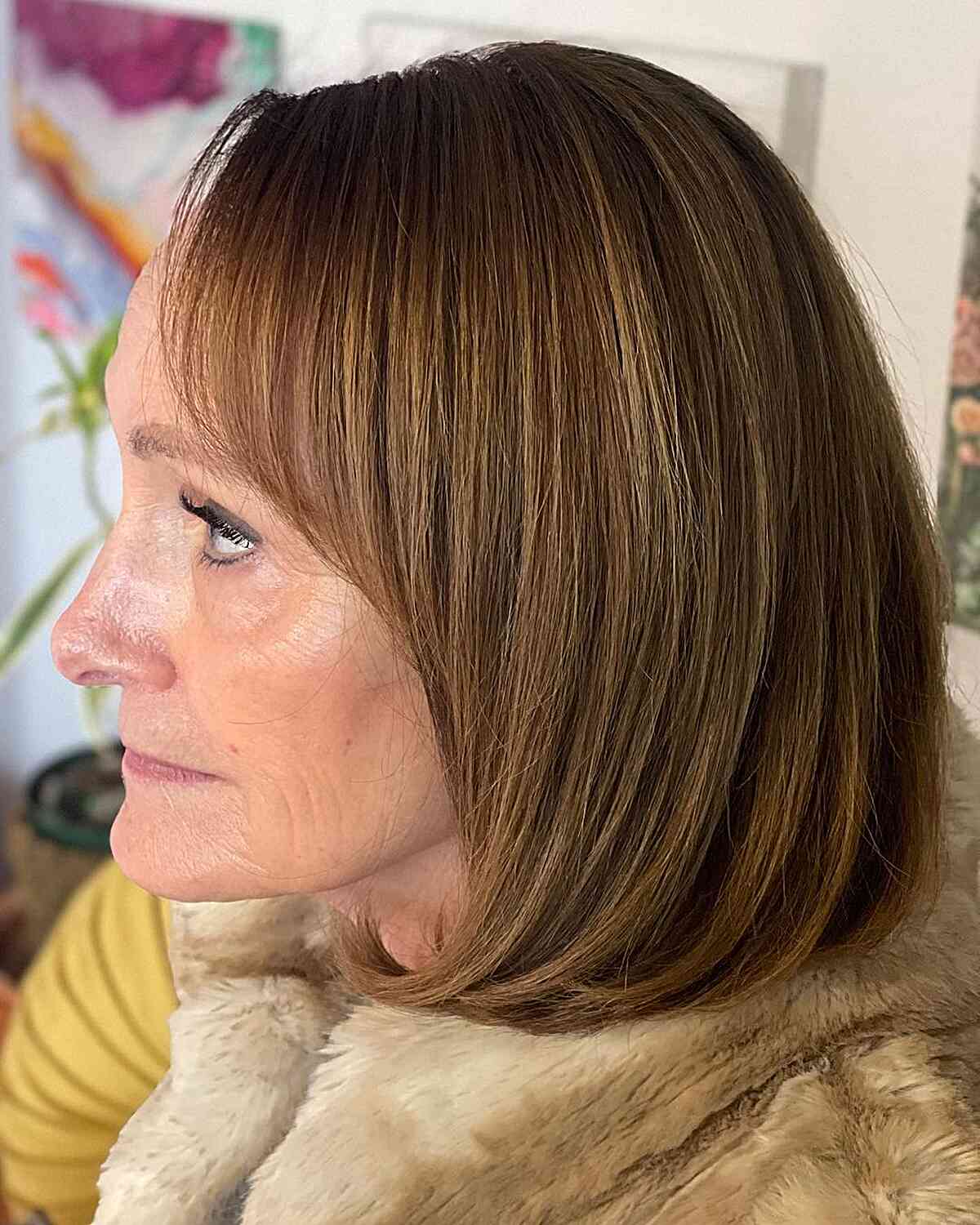 Warm-Toned Light Brunette for Long Bob for Autumn and Women Over 50