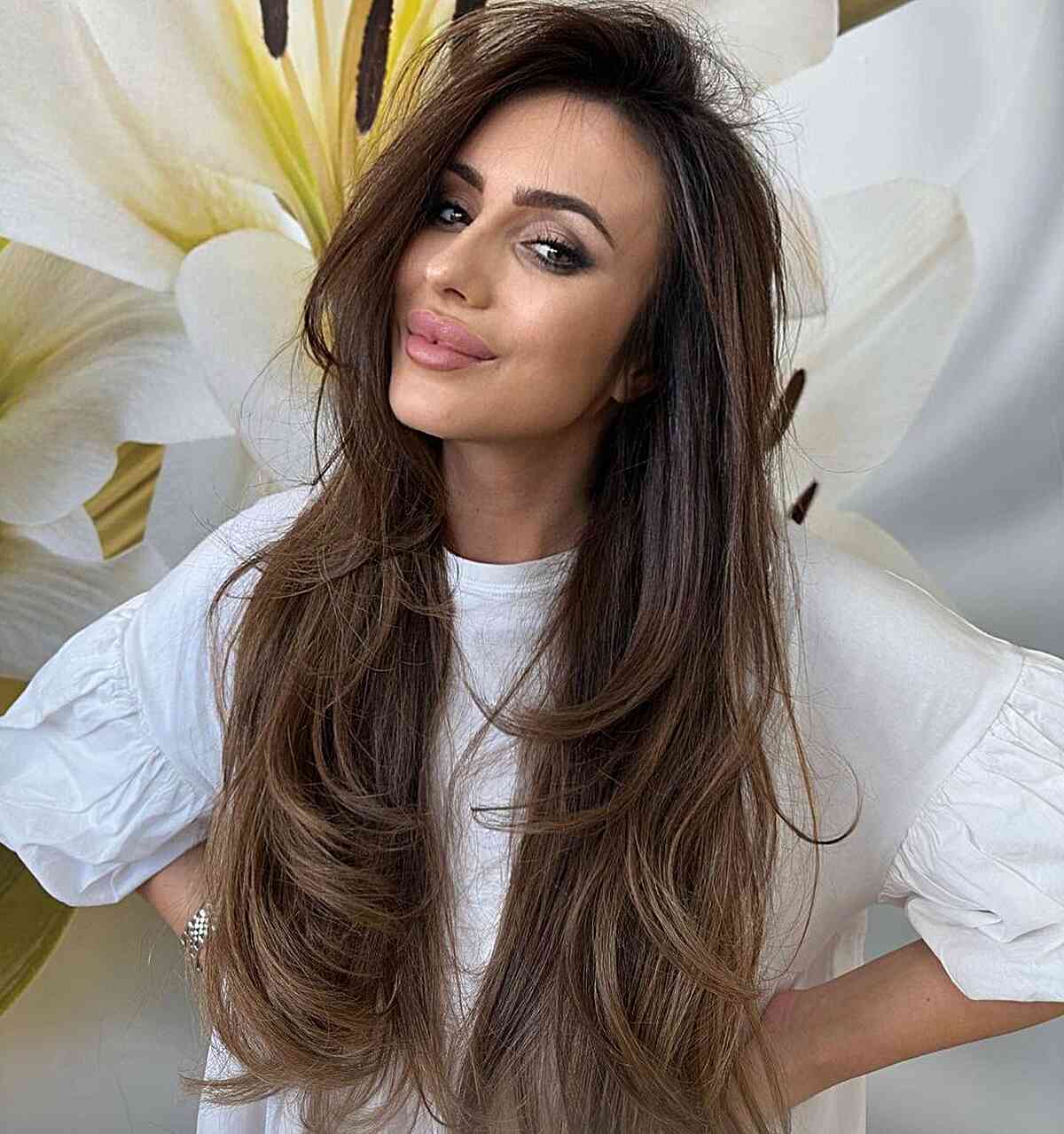 Wash-and-Go Long-Length Brunette Layered Hair