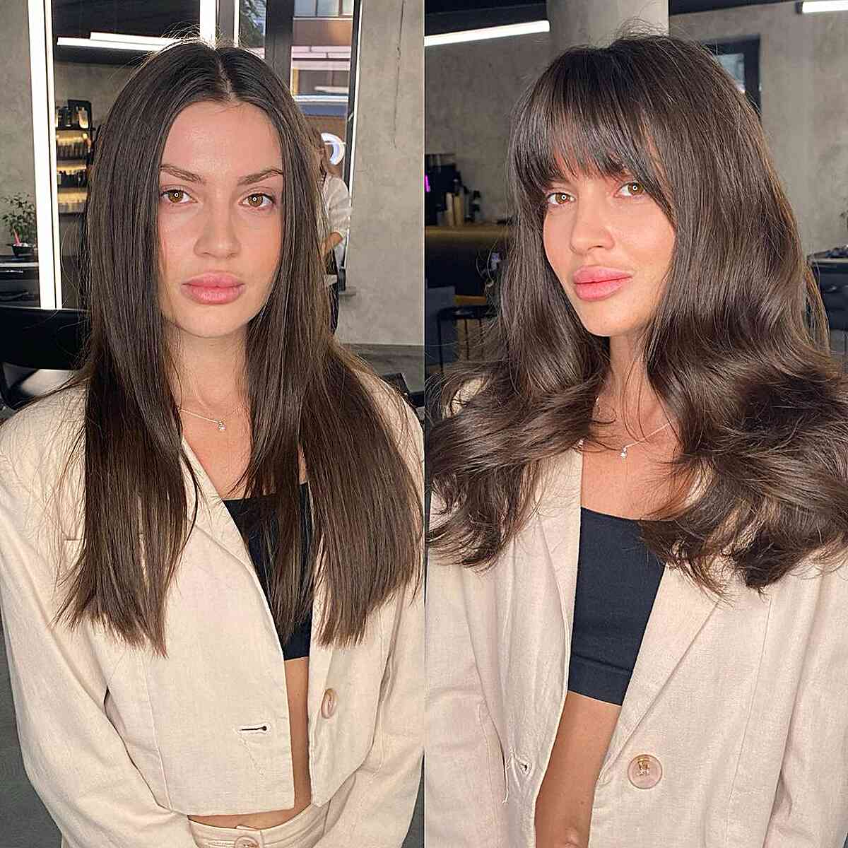 Wash-and-Go Low-Maintenance Brunette Hair with Bangs