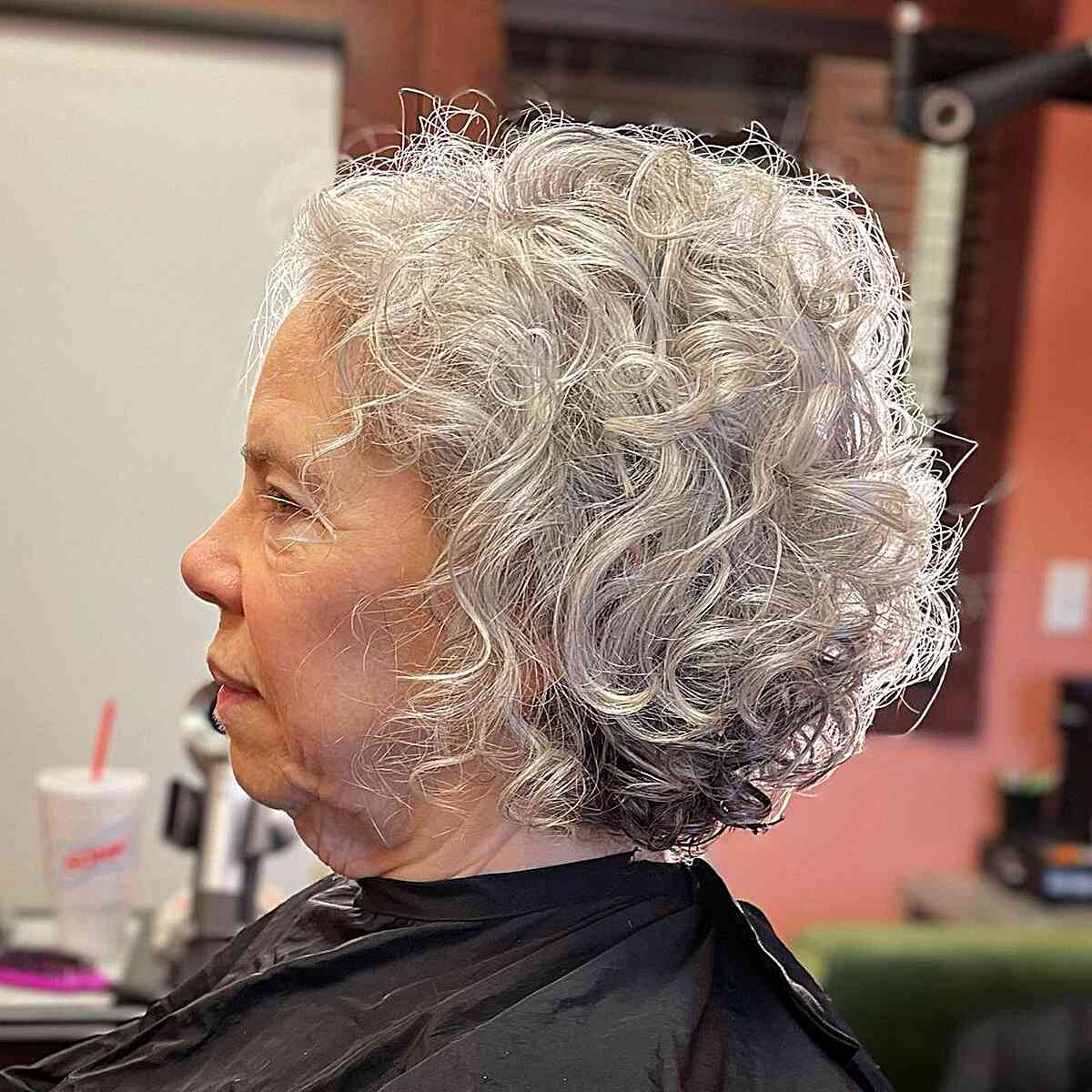 Chin-Length Wash-and-Wear Curled Silver Bob on ladies over 60