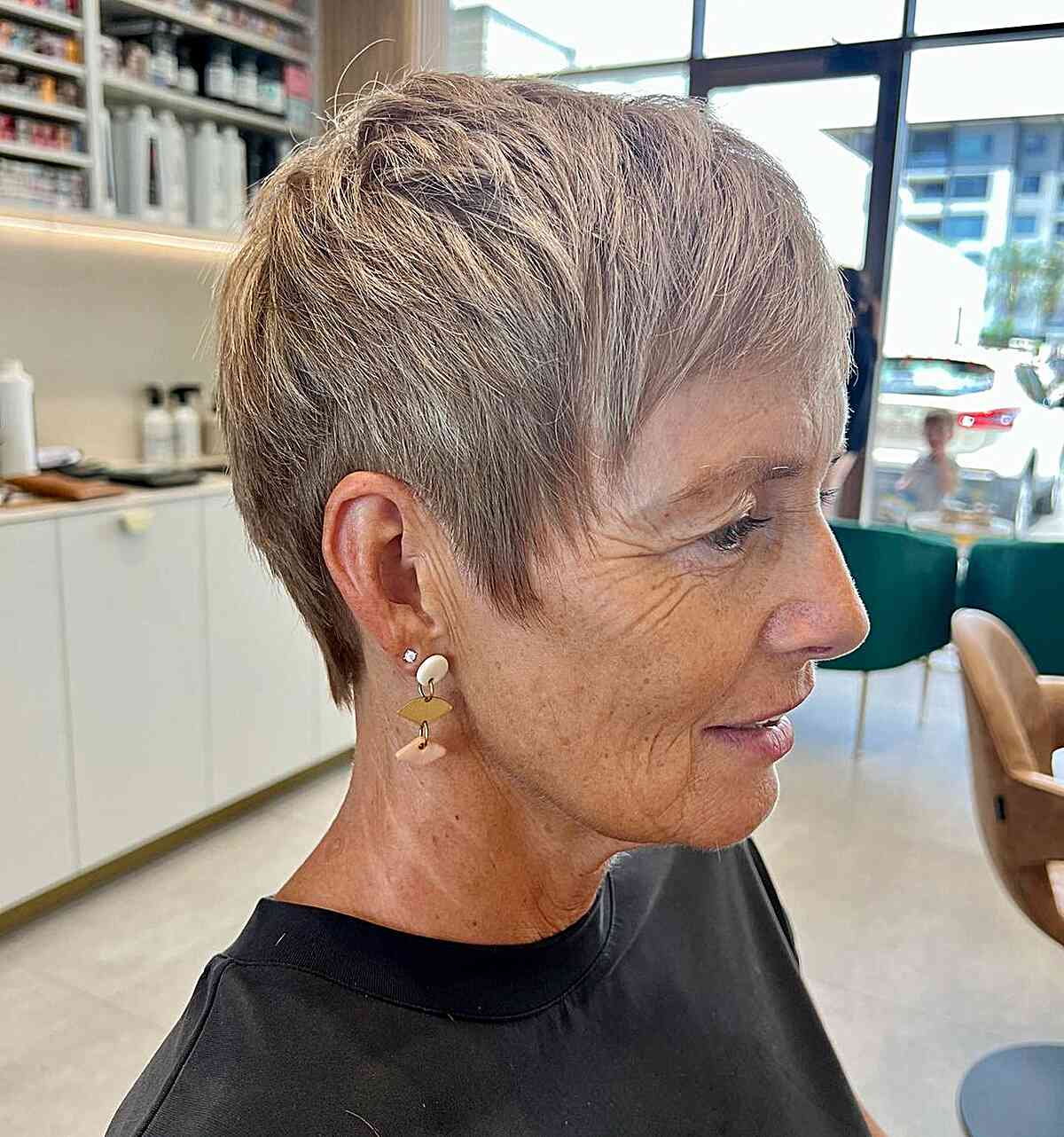 Wash-and-Wear Cute Long Pixie with Bangs and Sideburns for Ladies Past 60 with Short Hair
