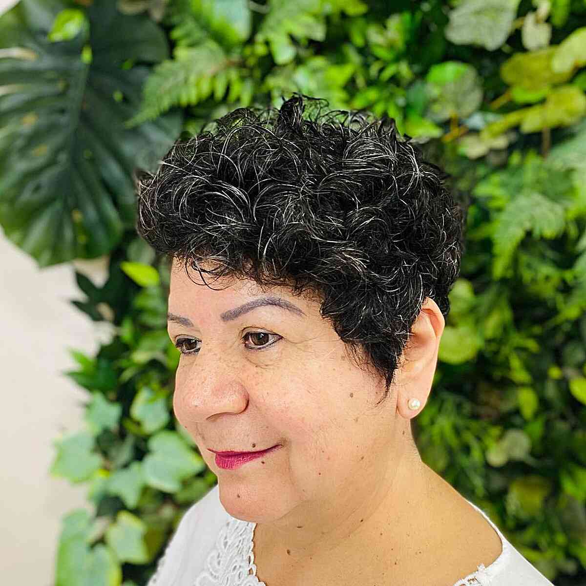 Wash and Wear Dark Curly Pixie for Older Ladies in Their 50s