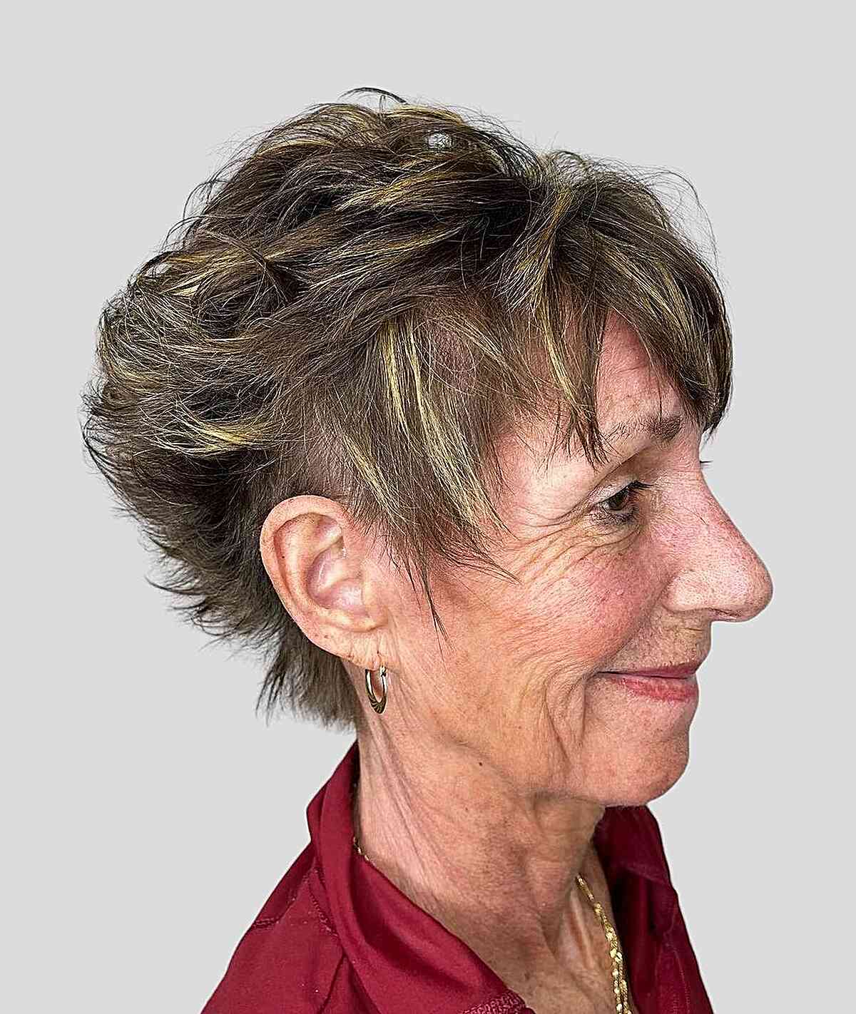 Wash and Wear Messy Pixie with Partial Highlights for Mature Ladies Over 50