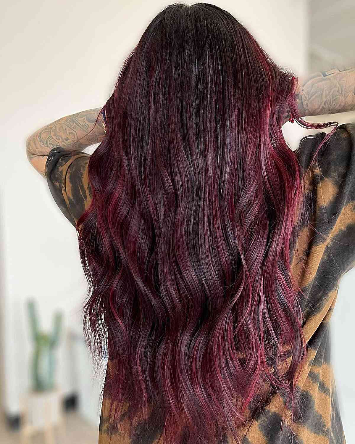 Waist-Length Dark Raspberry Burgundy Balayage Red Hair with Choppy Ends