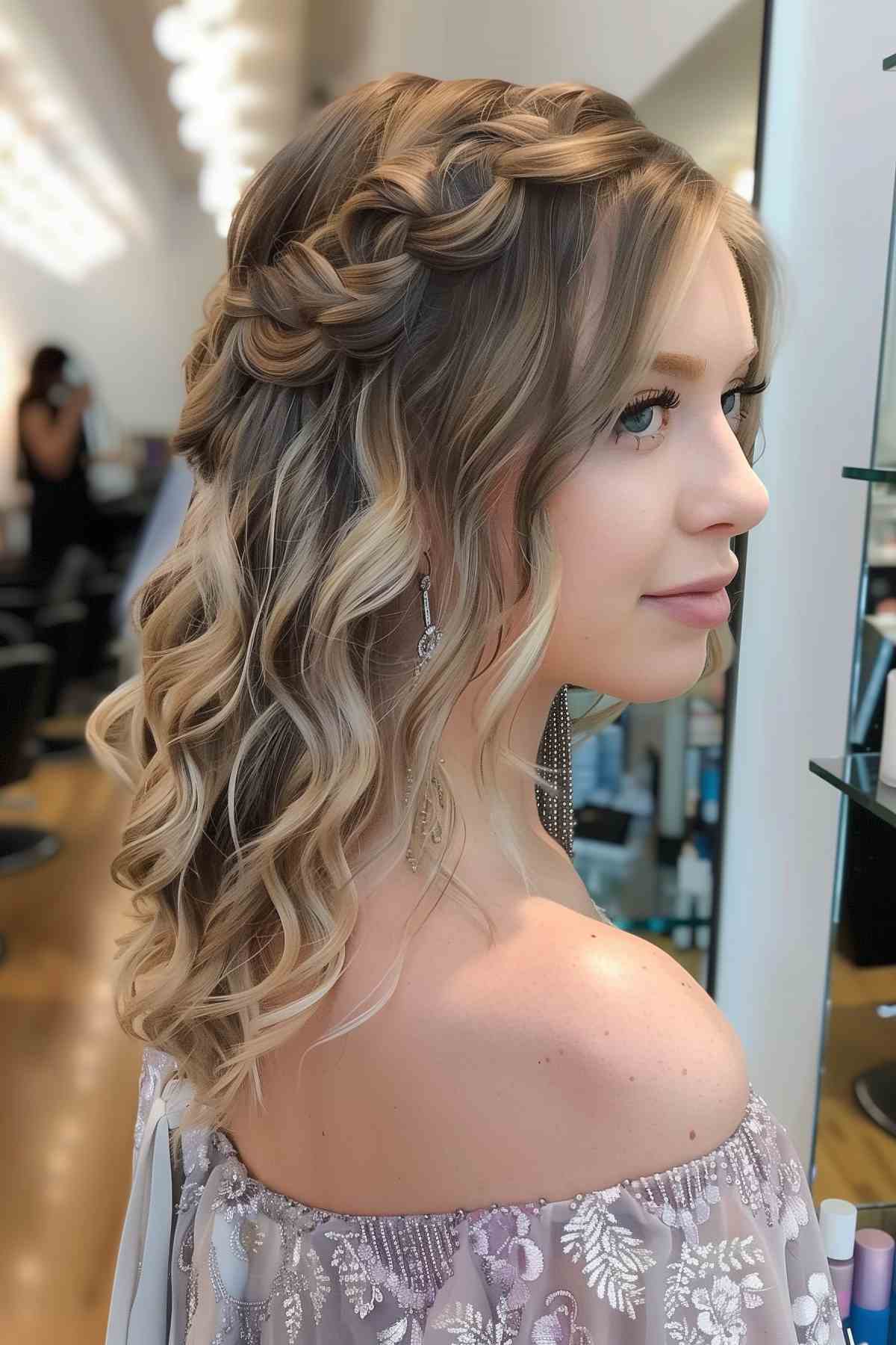 Stylish woman with a waterfall braid into soft waves, showcasing multidimensional blonde highlights.