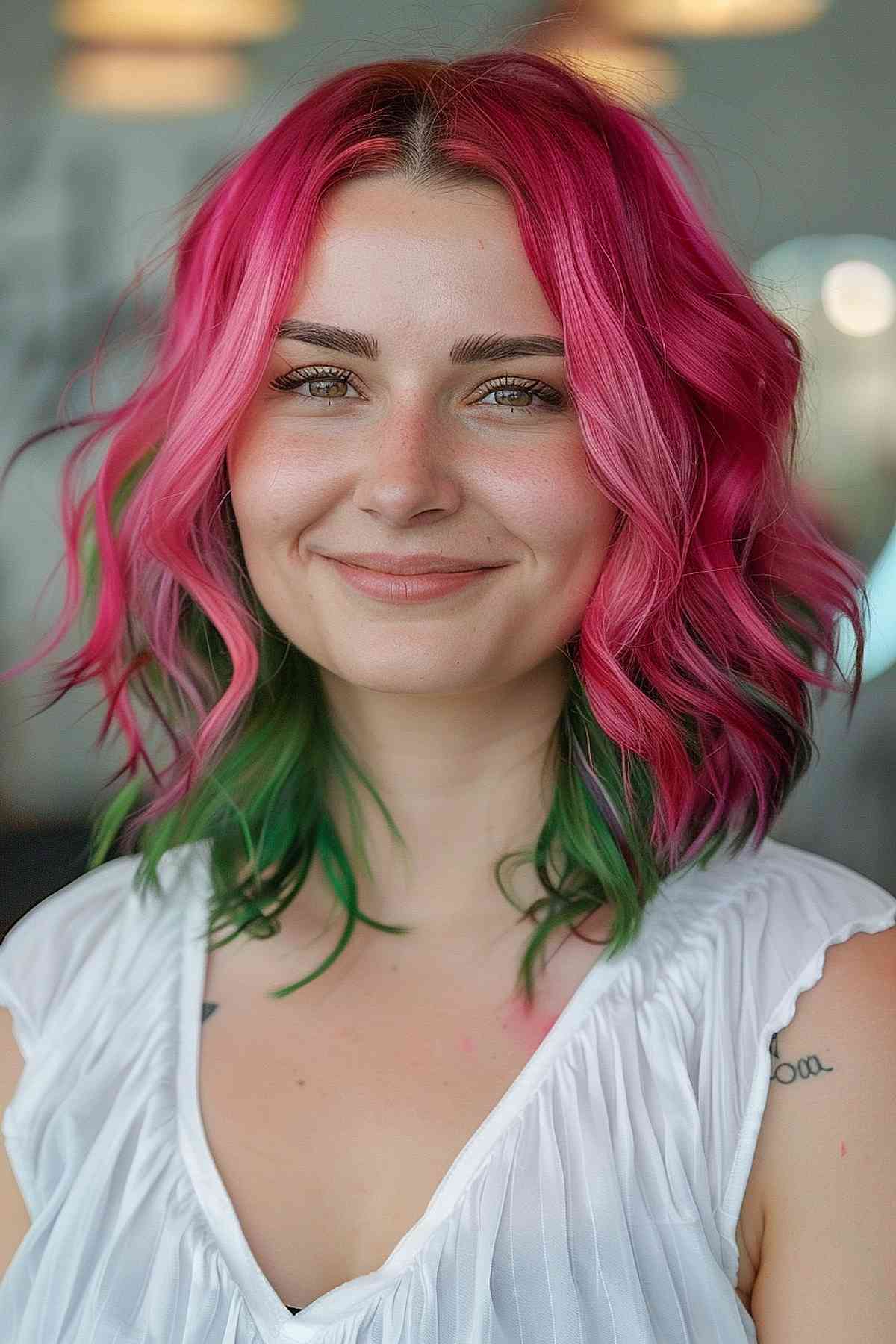 A young woman with a medium-length wavy bob, featuring a color transition from deep pink at the roots through brighter pink to green at the tips, framing her face with a bold watermelon palette.