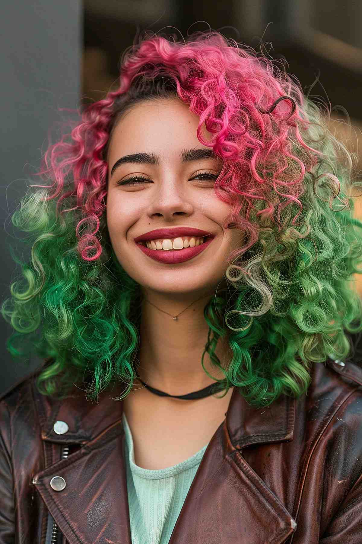 A smiling young woman with tightly curled hair, showcasing a bright transition from pink at the roots to green at the tips.