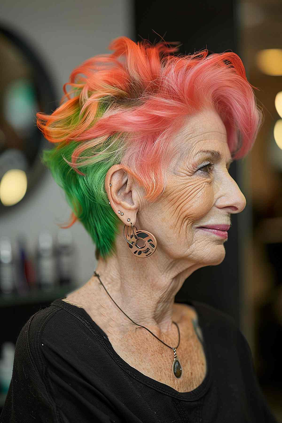 An older woman sports a vibrant short pixie cut with bright pink and green colors, demonstrating a bold and youthful hair choice for women over 70.