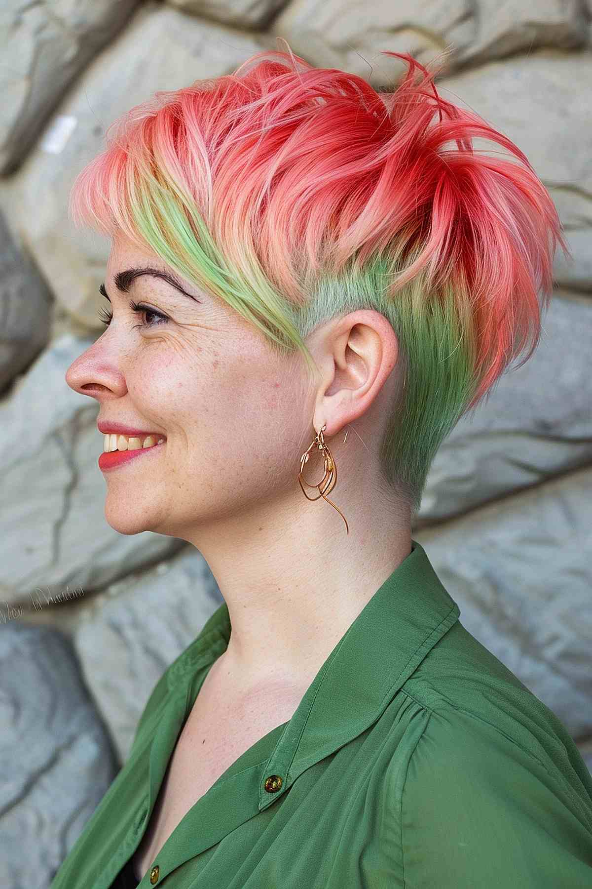 A stylish pixie cut colored in a watermelon theme with pastel green roots and vibrant pink to coral tones over the crown, creating a playful and low-maintenance hairstyle.