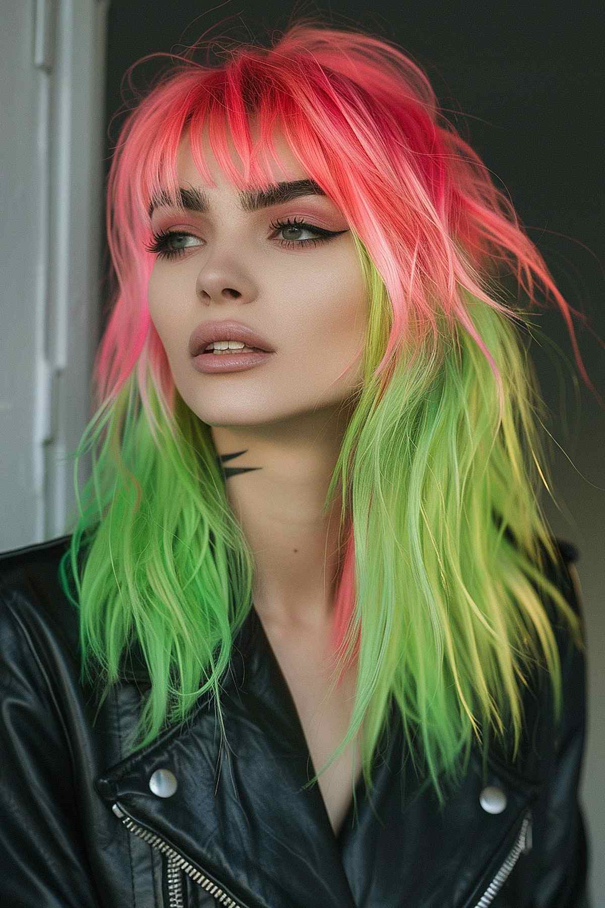 A young woman sporting an edgy shag haircut with vibrant pink on top transitioning into bright green at the ends, styled in messy layers. 