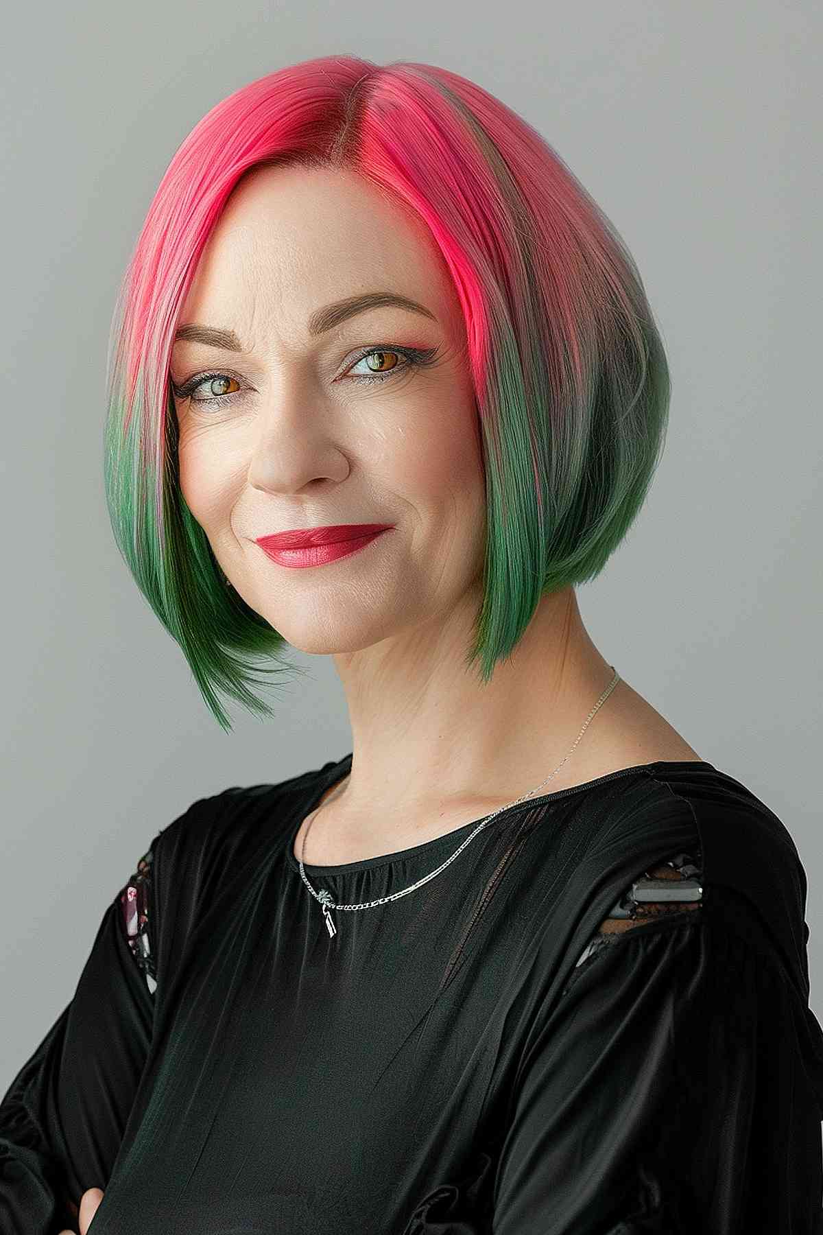 A woman over 40 with a stylish bob haircut featuring a gradient from bright pink to green, portraying an elegant yet bold look.
