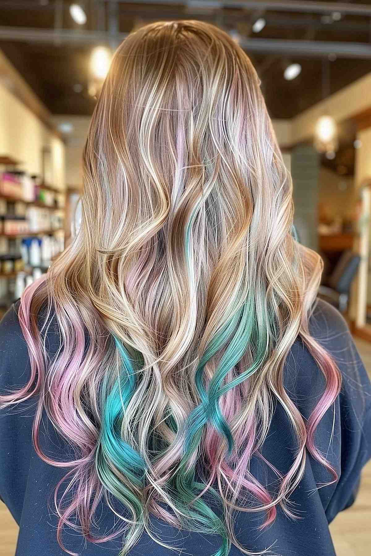A woman with long, wavy blonde hair featuring subtle peekaboo highlights in soft pastel pink and green, adding a playful touch to her look.