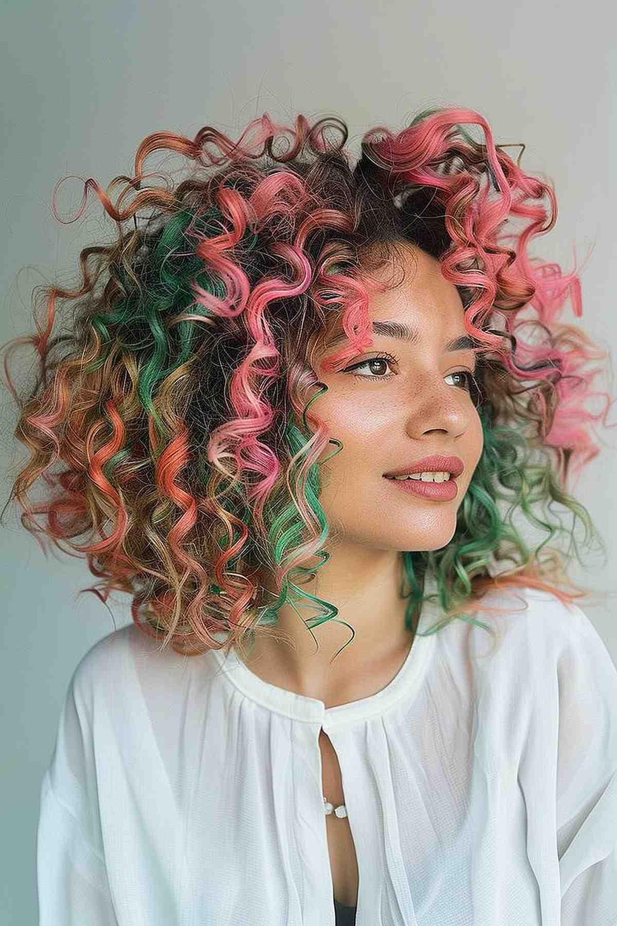 A woman with naturally curly hair featuring vibrant pink and green highlights, creating a playful and colorful look that enhances the lively texture of her curls.