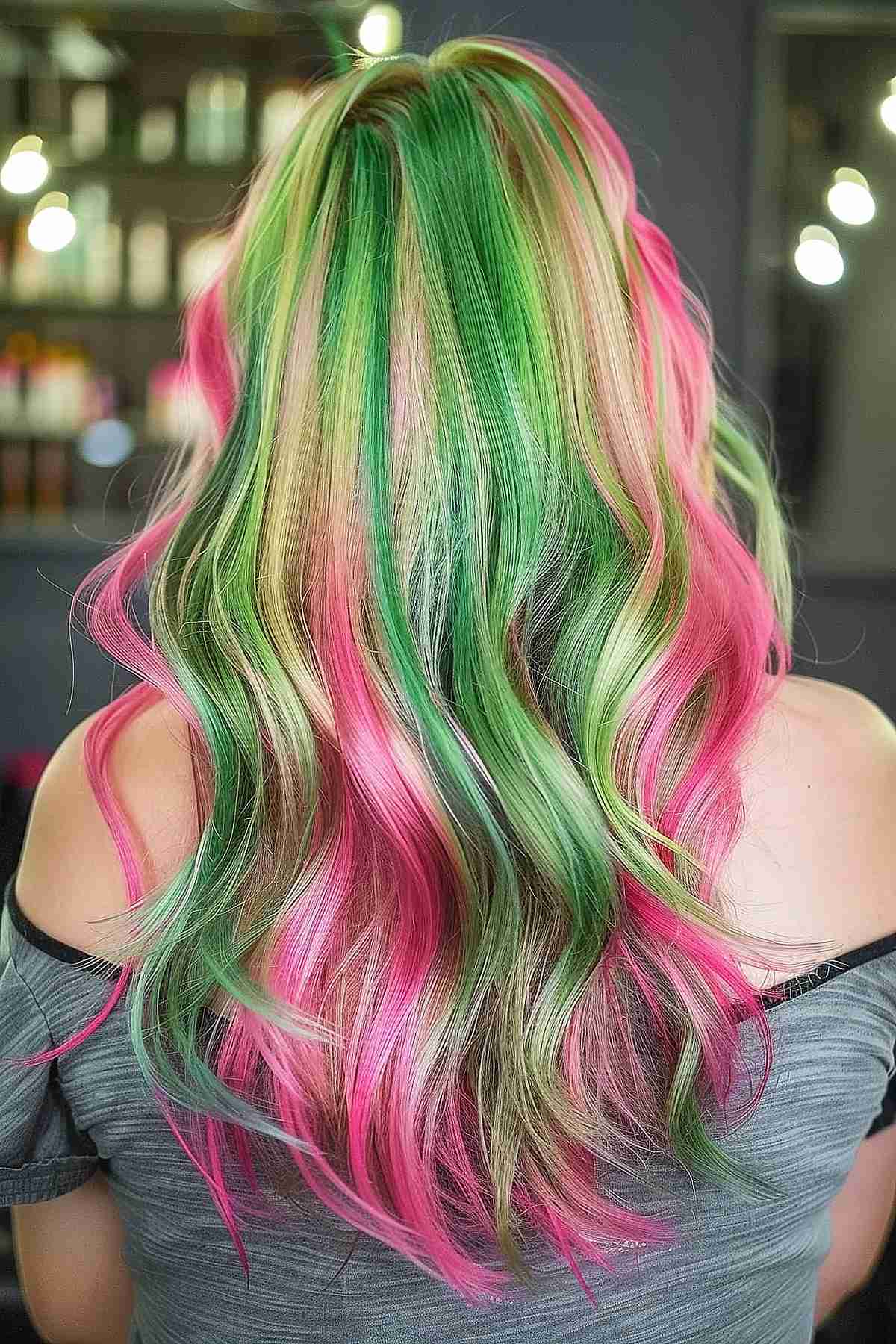 A woman's back view showing her long, wavy hair with a vibrant mix of green and pink tints, achieving a dynamic and colorful watermelon-inspired look.