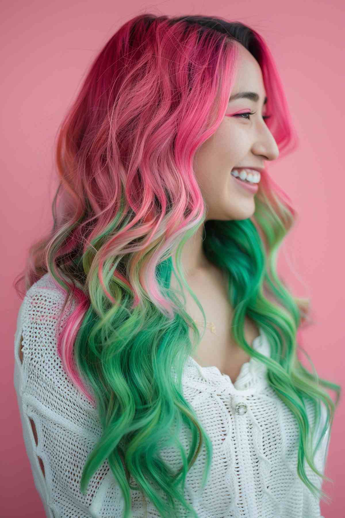 A woman with long wavy hair in a bold tri-color style, transitioning from vibrant pink at the roots to seafoam green at the tips.