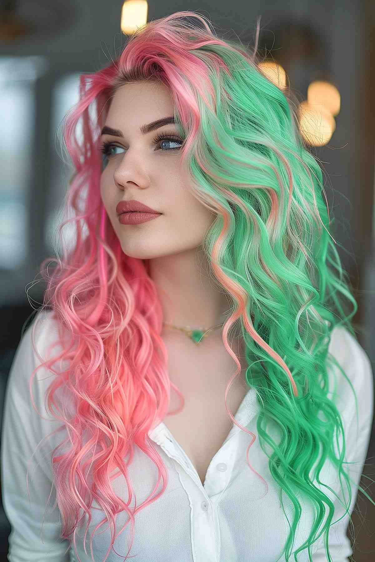 A woman with long, voluminous hair styled in waves, colored in a gradient from vibrant pink at the roots to seafoam green at the ends. 