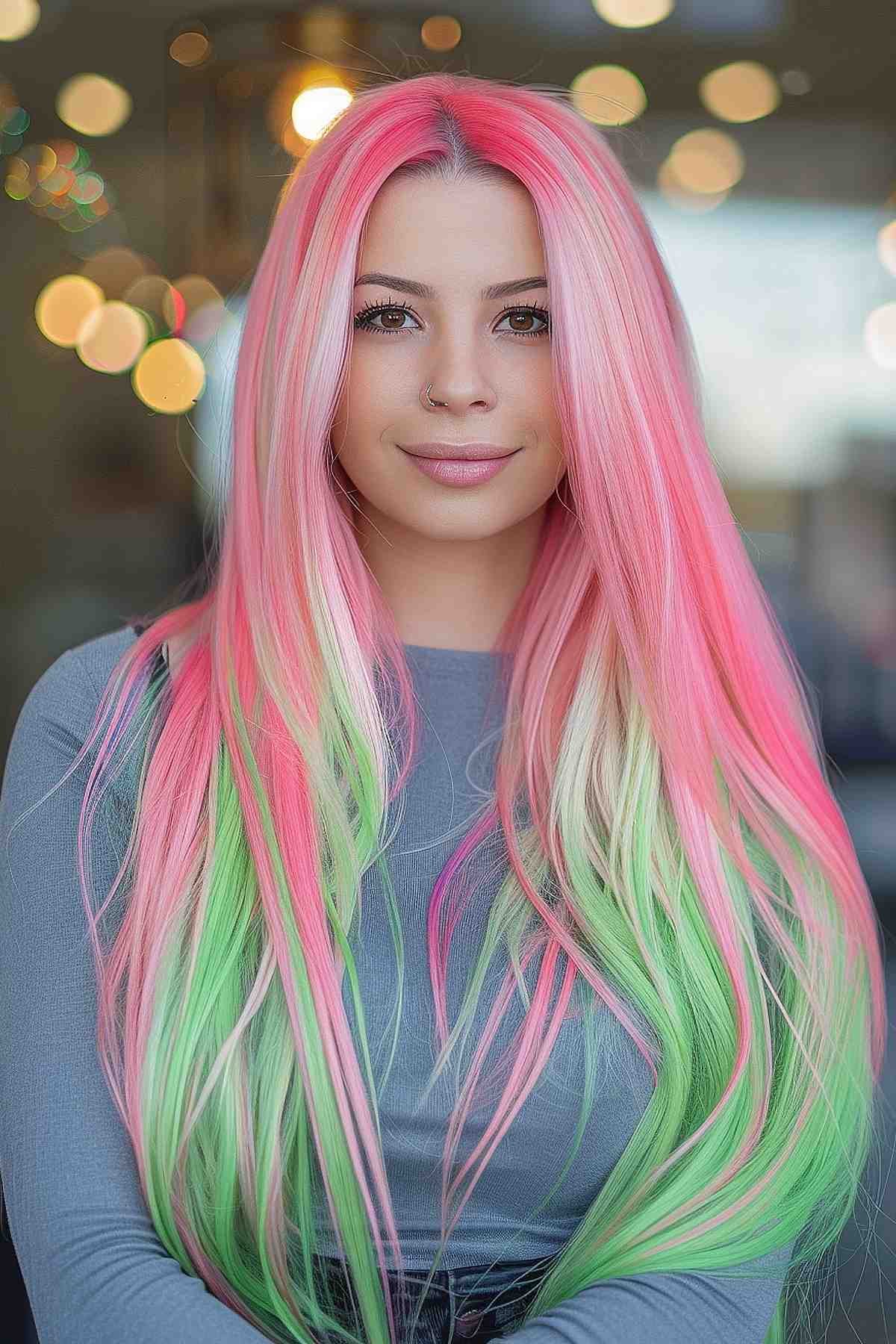 A young woman with long, straight hair featuring pink to green gradient hair extensions, creating a radiant watermelon effect.