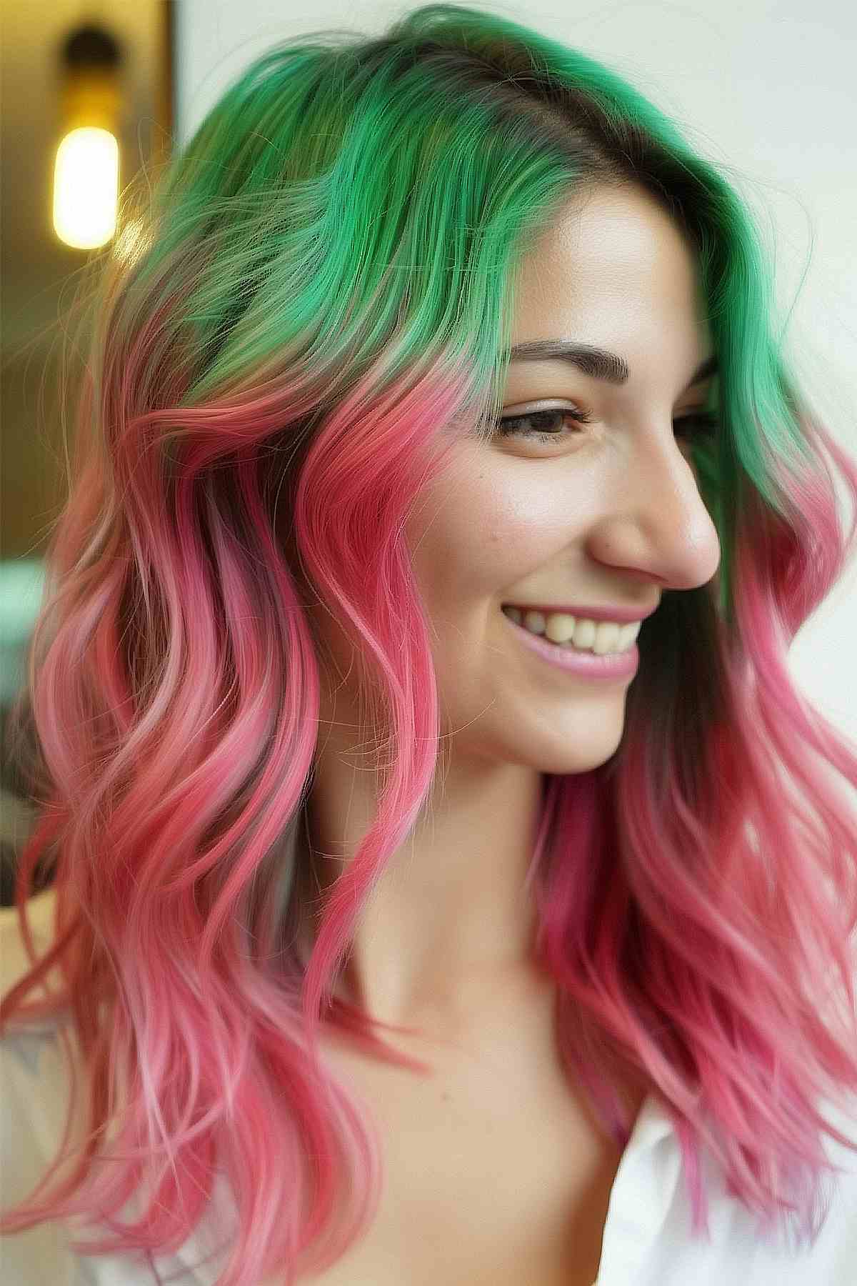 Medium-length wavy hair showcasing a unique color transition from green roots to pink lengths, offering a vibrant, playful look.