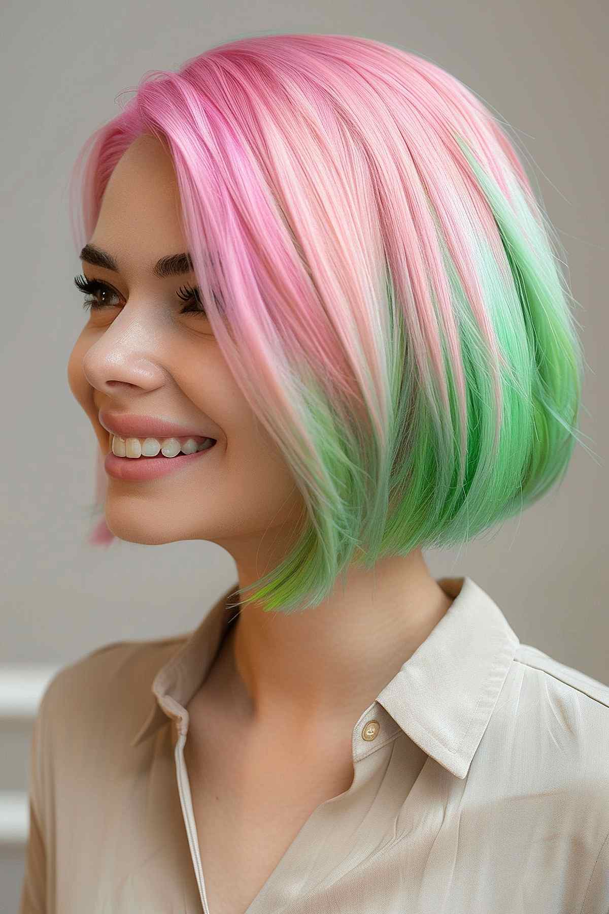 A woman with a sleek bob haircut, featuring a gradient from pink at the roots to green at the tips, styled straight.