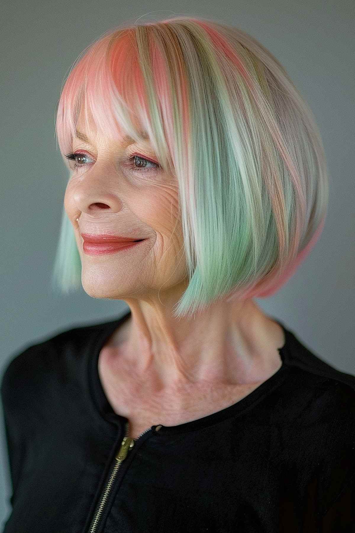 A mature woman with a sleek bob hairstyle that gracefully transitions from soft pink at the roots to pastel green at the tips, embodying sophistication with a touch of fun.