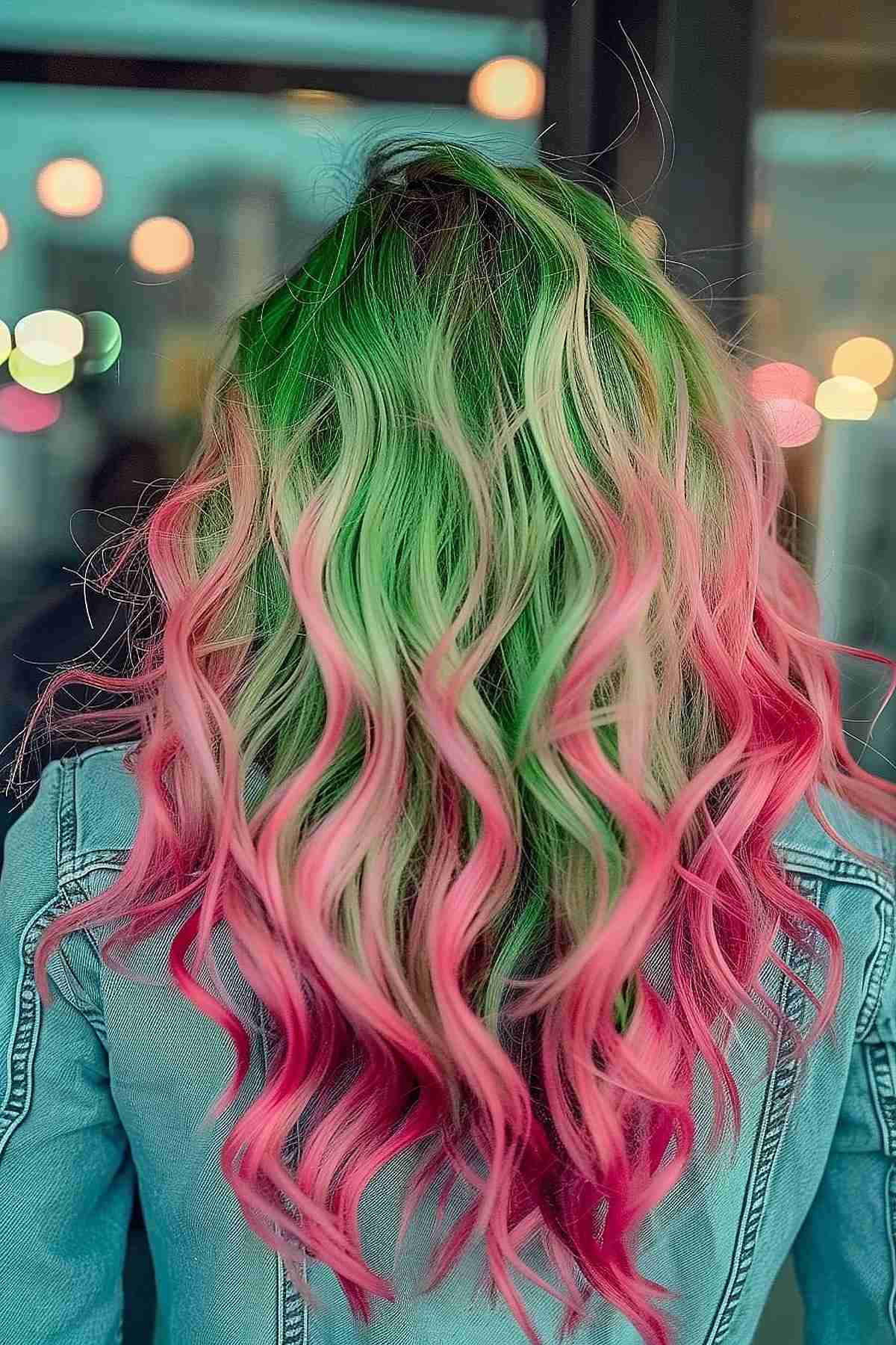 Long, wavy hair with a subtle watermelon balayage, transitioning from vivid pink at the top to lively green at the tips.