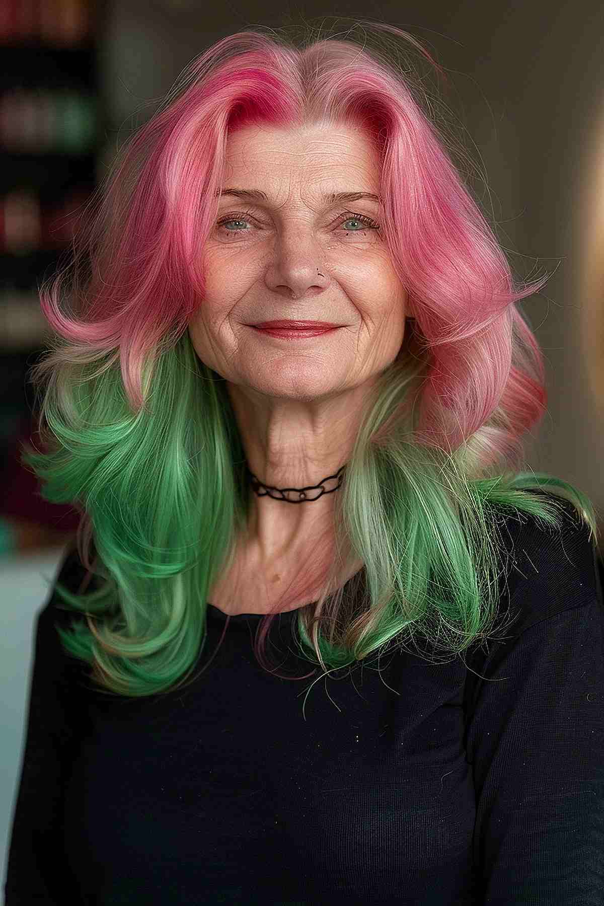 An older woman with long wavy hair colored in a gradient from bright pink to seafoam green, exemplifying a bold and stylish choice for aging gracefully.