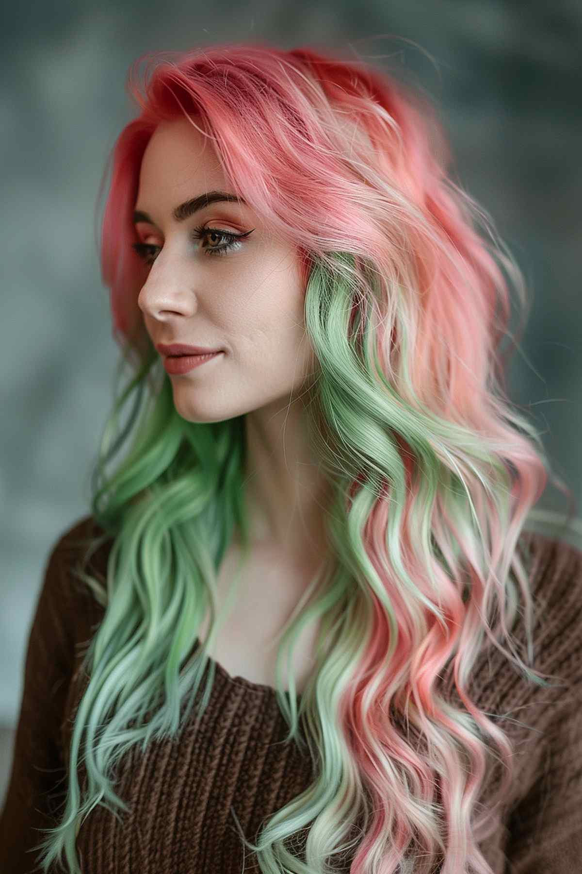 A woman with long, wavy hair colored in a gradient from deep watermelon pink at the roots to pastel green at the ends.