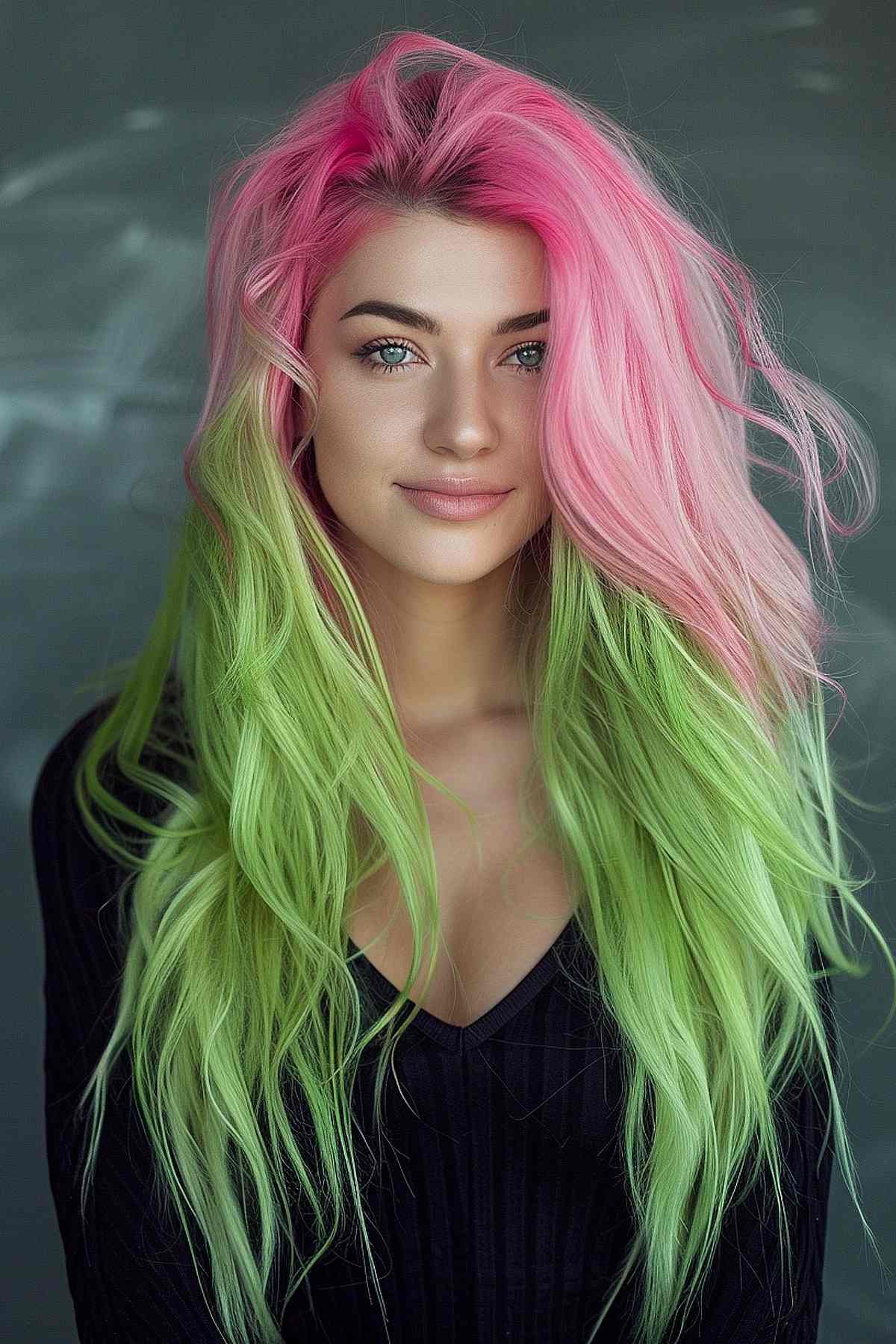 A young woman with long, layered hair beautifully transitioning from pink at the roots to green at the tips, embodying a vibrant watermelon-inspired look.