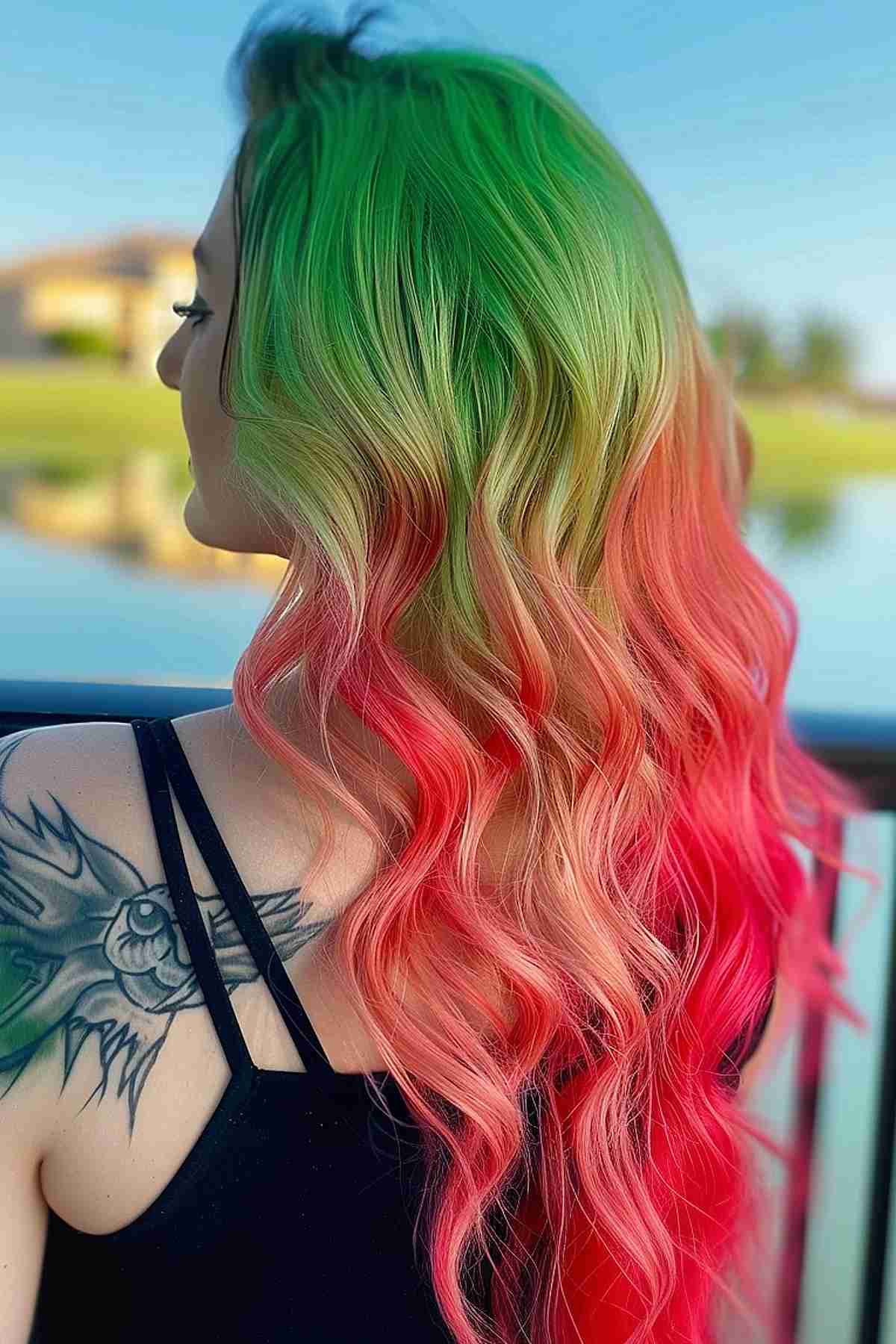 A woman with long, wavy hair exhibits a striking color transition from green to yellow to watermelon pink, creating a vivid and dynamic watermelon sunrise effect.