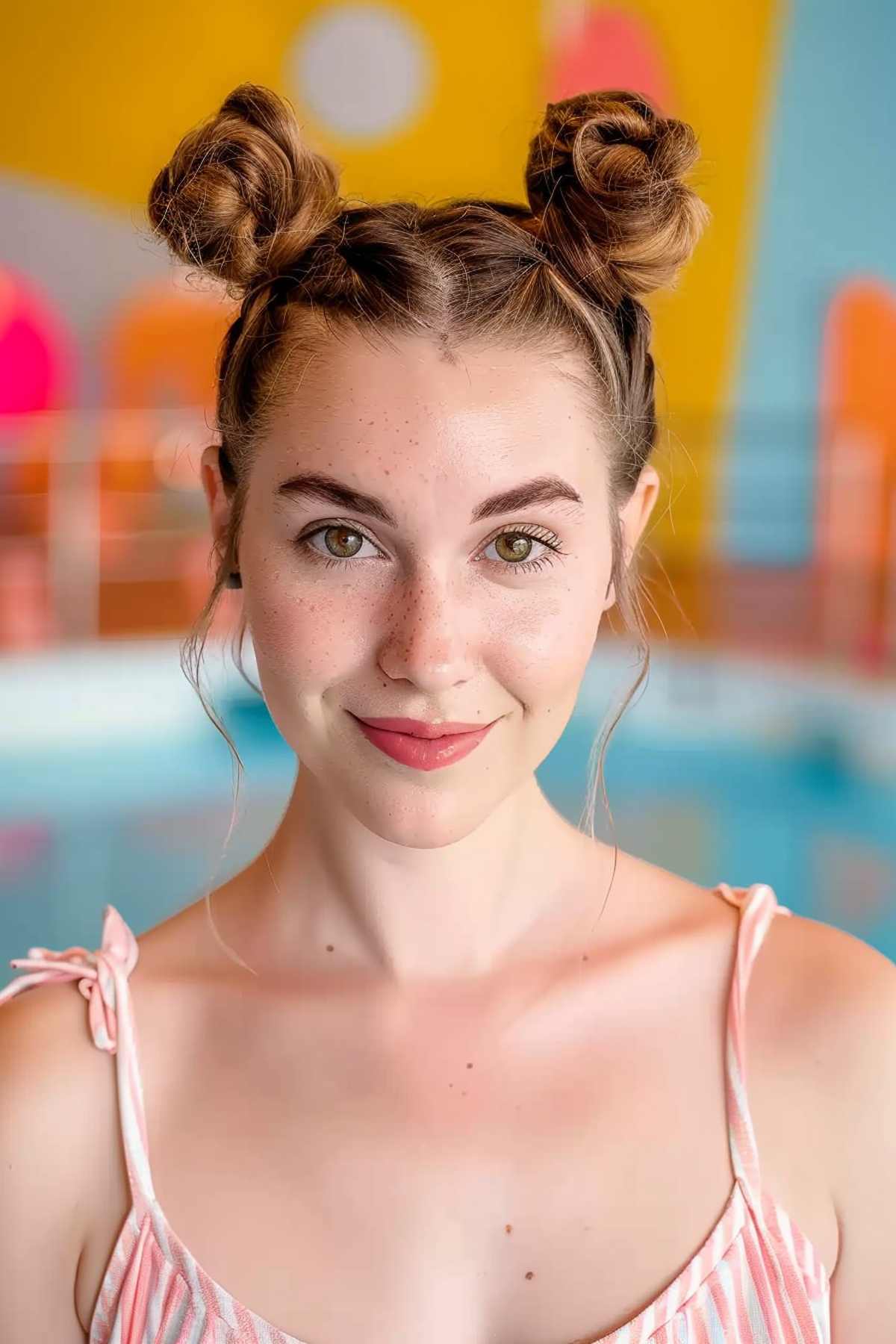 Close-up of a woman with double buns hairstyle, suitable for medium to long hair, perfect for a waterpark day