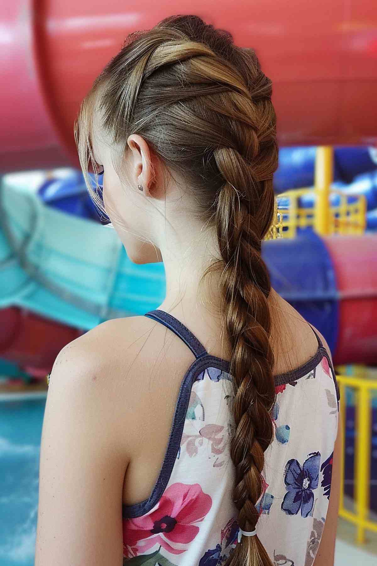 Rear view of a woman with a long French braid, suitable for keeping hair neat and secure during water activities