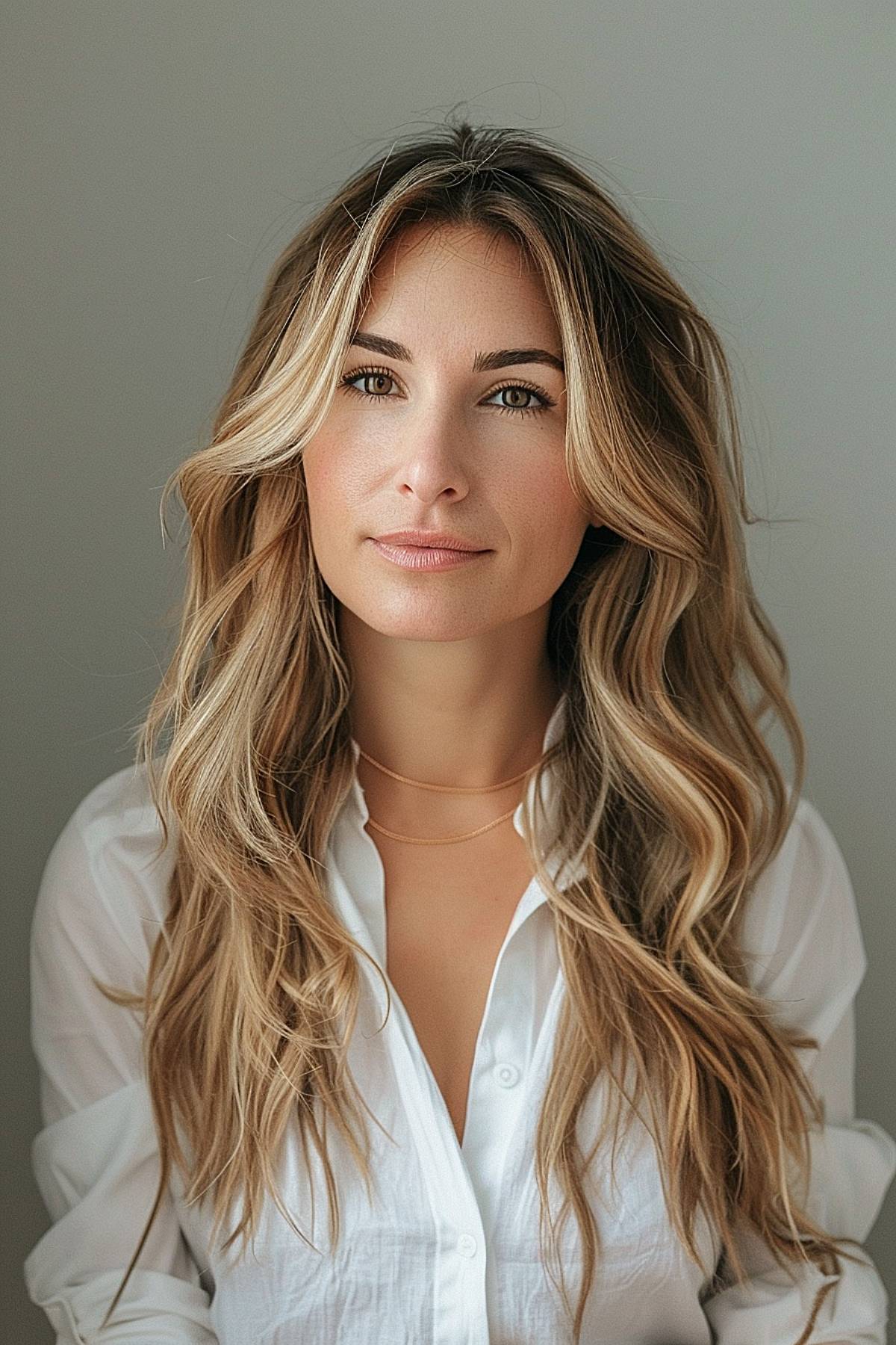 Long beach waves with face-framing blonde highlights