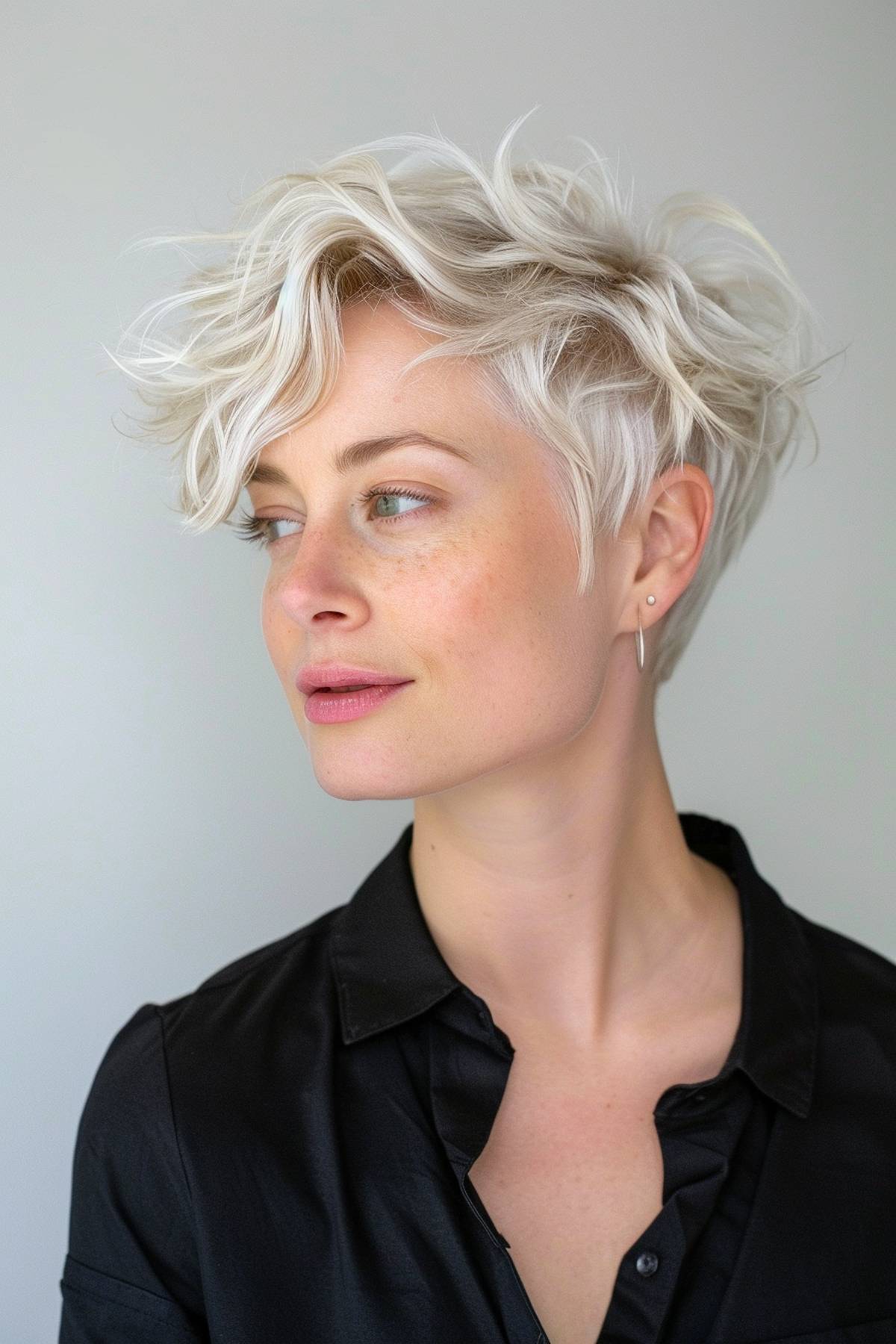 Icy blonde wavy pixie cut with textured layers