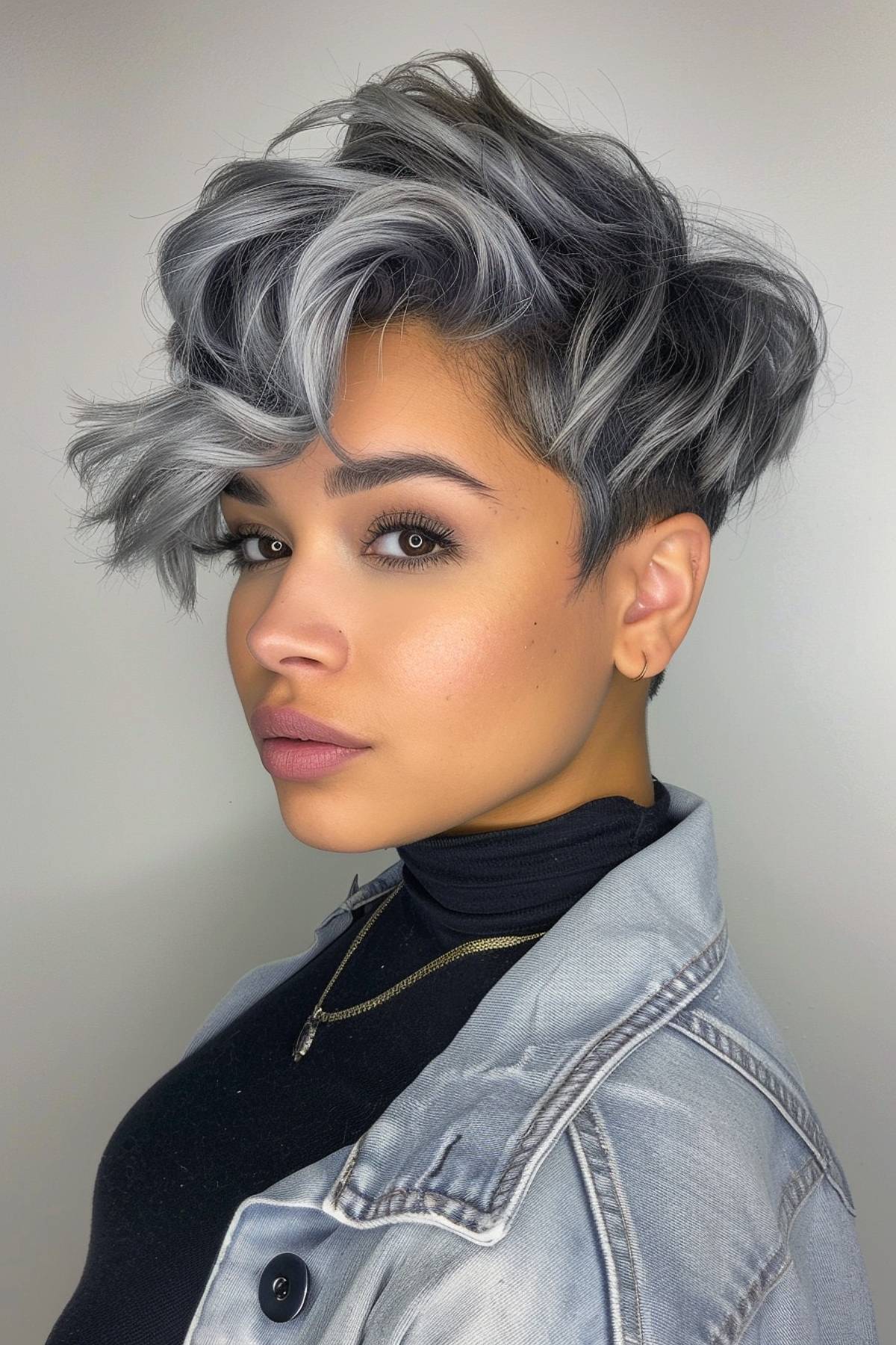 Silver wavy pixie haircut with tapered nape