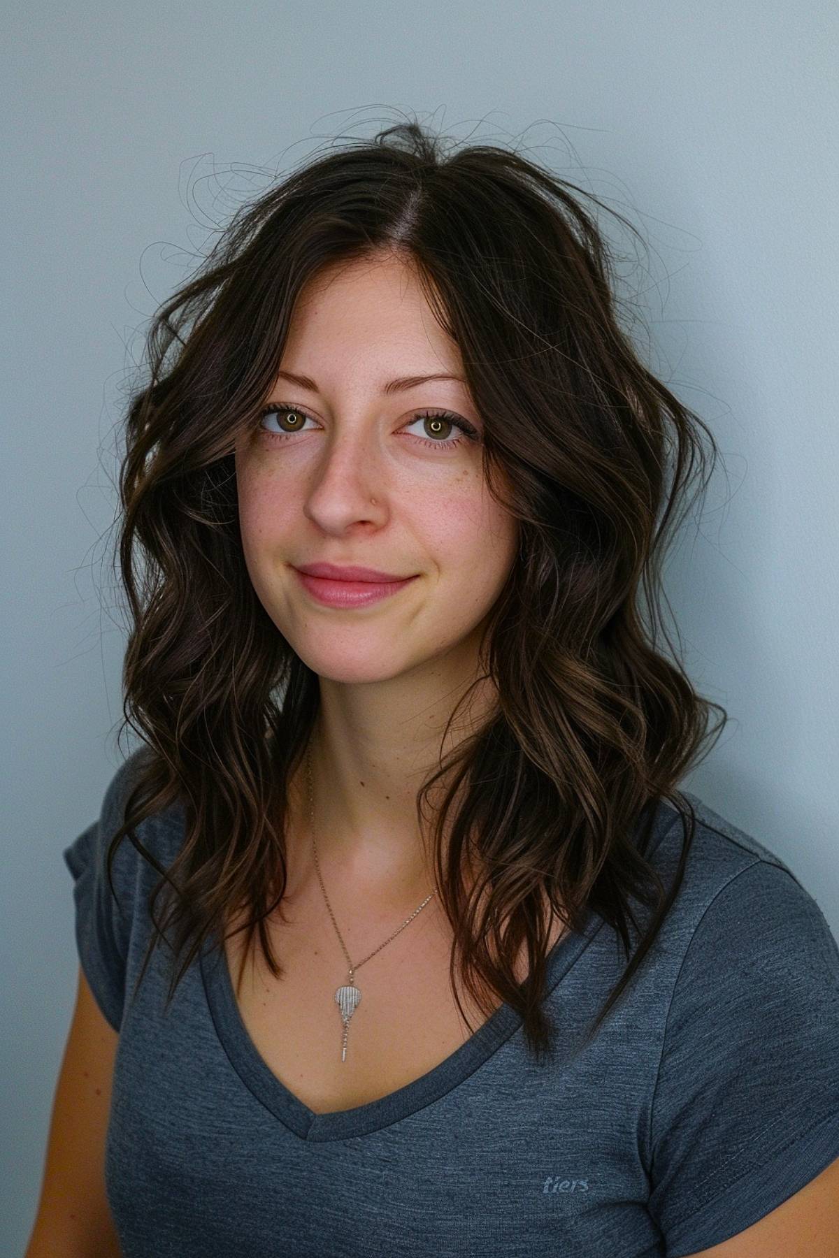 Medium-length layered haircut with natural waves and chestnut highlights