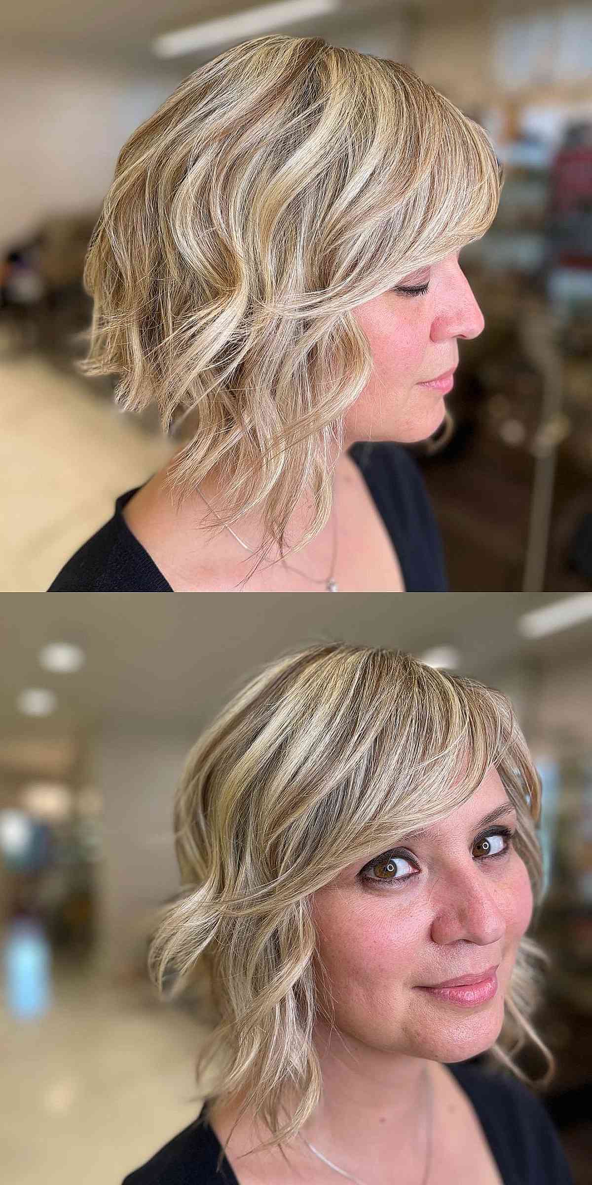 Wavy Angled Bob with a Deep Side Part