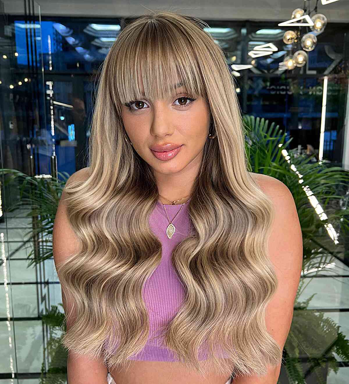 Long Wavy Beige Blonde Balayage Hair with Straight Bangs