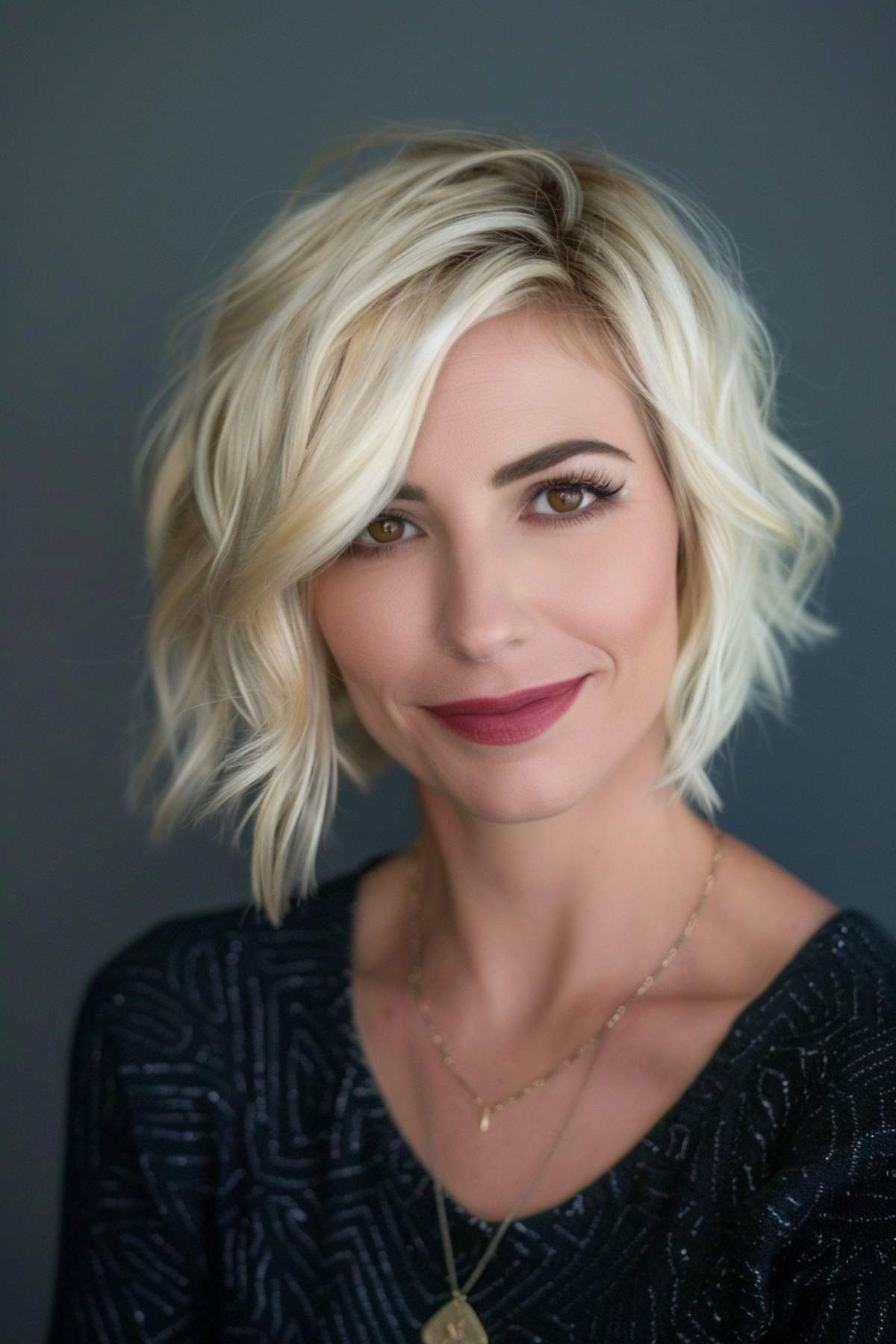 Wavy blonde bob with side part and soft waves