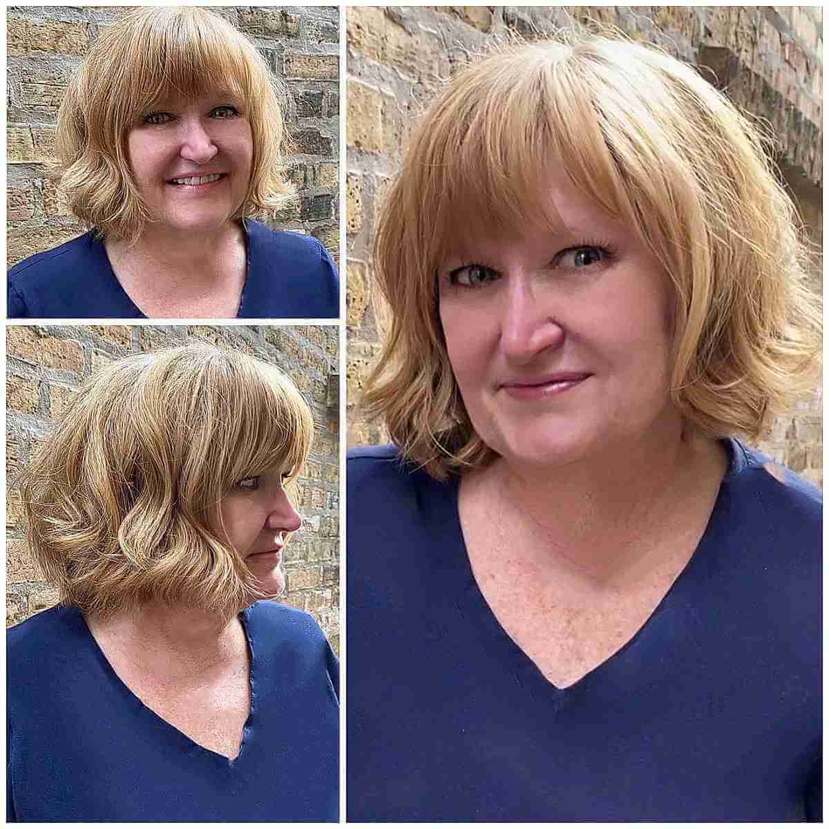 Wavy Blonde Bob with Brow-Length Bangs for 50-Year-Olds