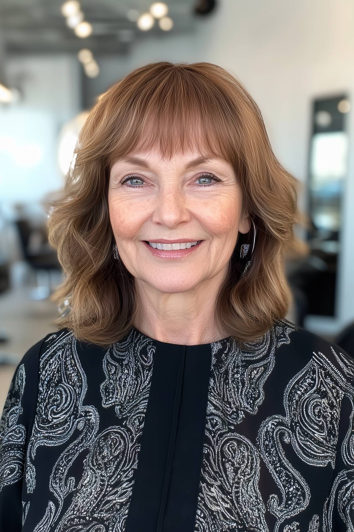 Woman over 50 with a wavy bob haircut and bangs, featuring a warm light brown color