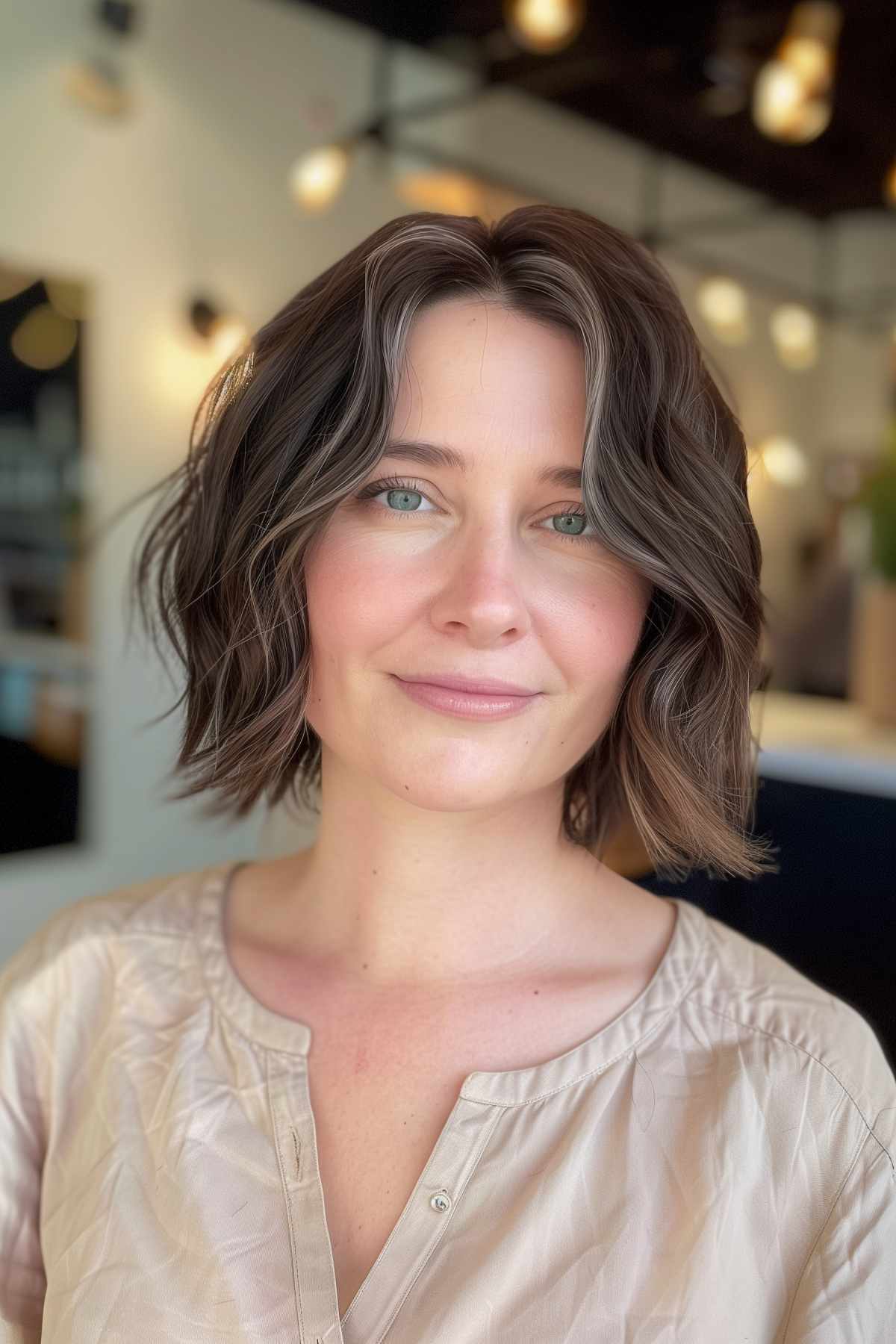 Wavy bob hairstyle with middle part for thick hair