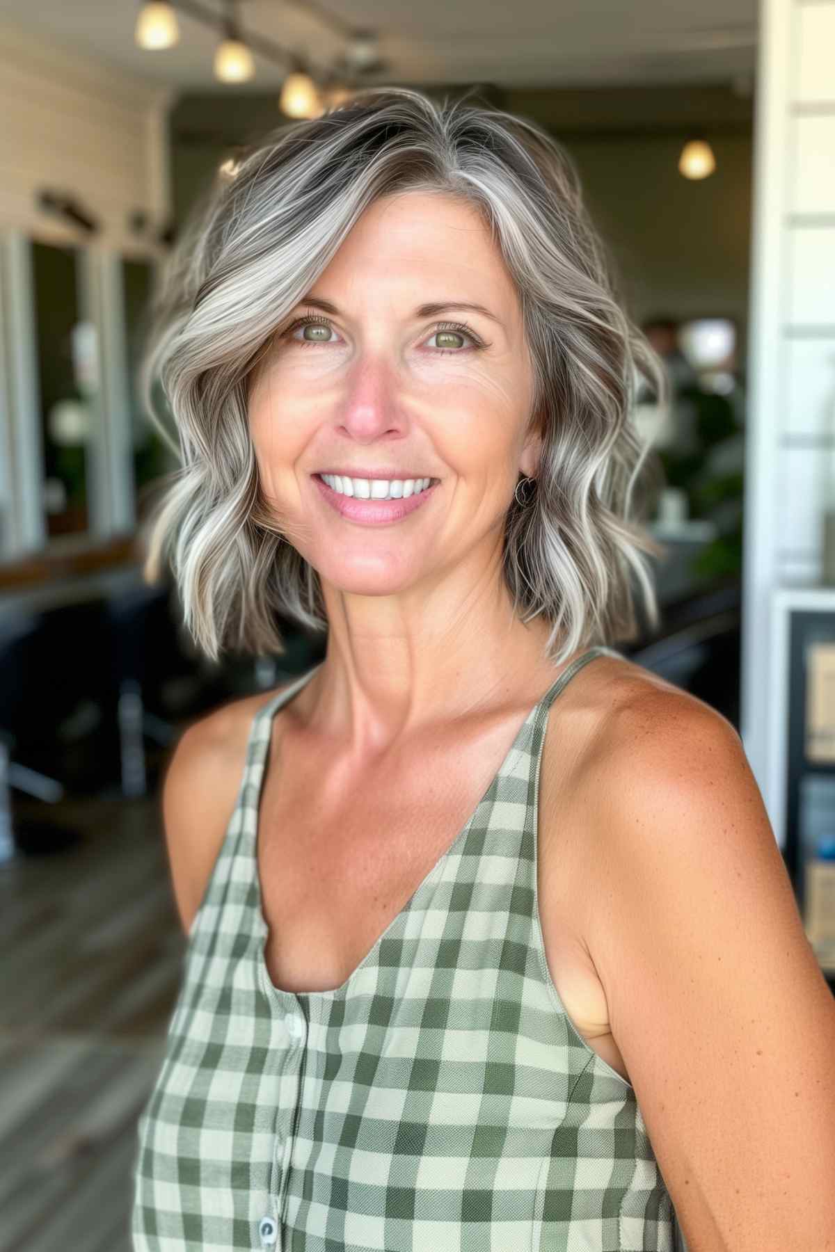 Wavy bob with natural grey highlights and soft waves