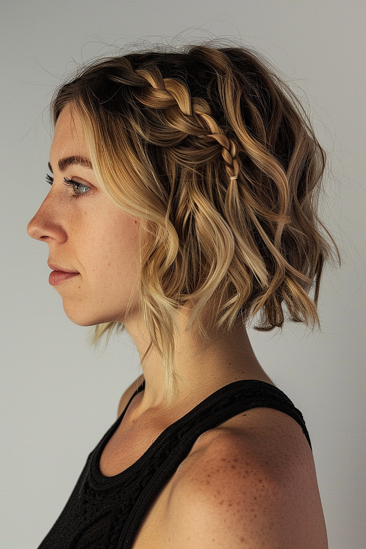 Wavy bob hairstyle with side braid detail for summer