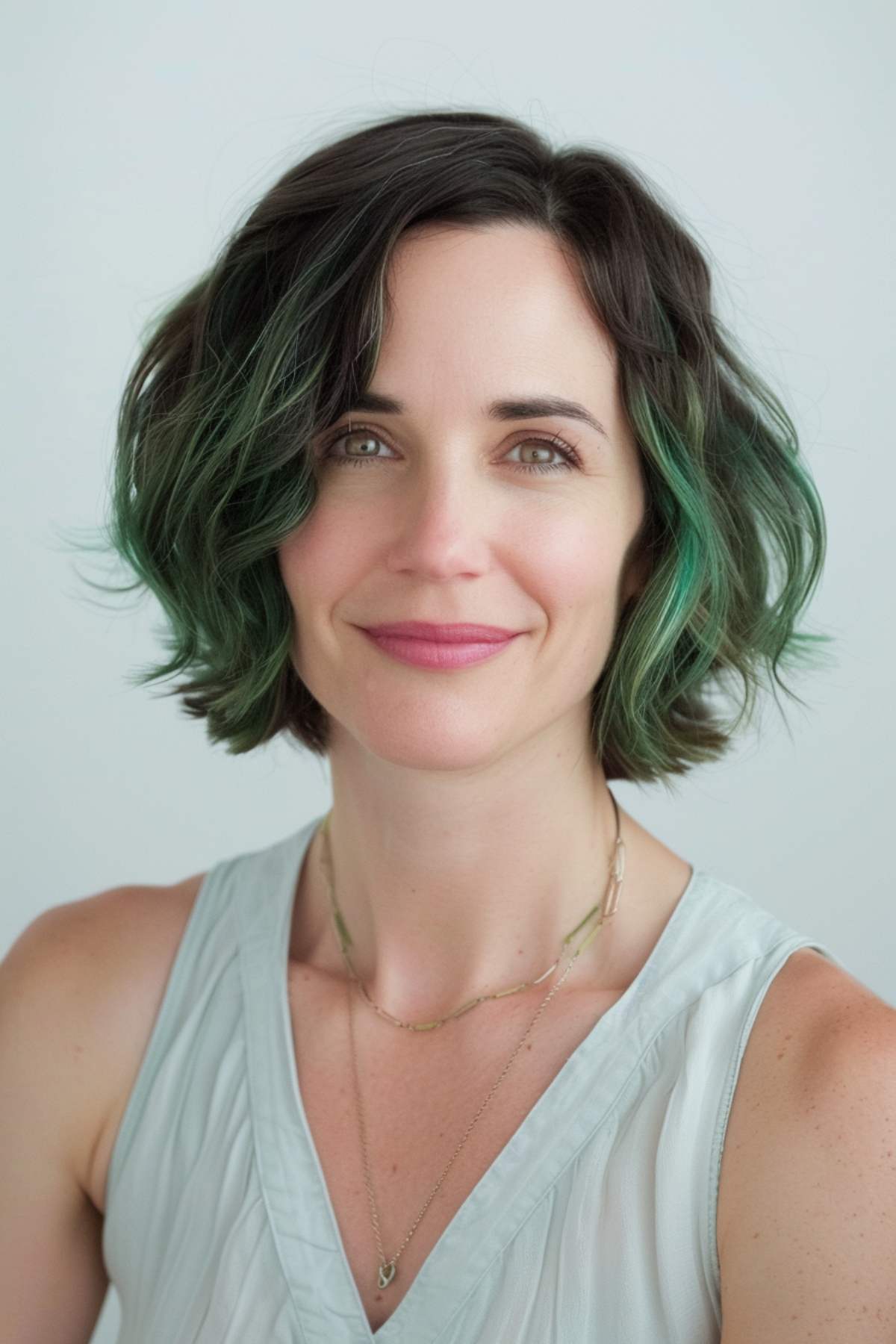 Wavy bob with subtle green highlights and natural waves