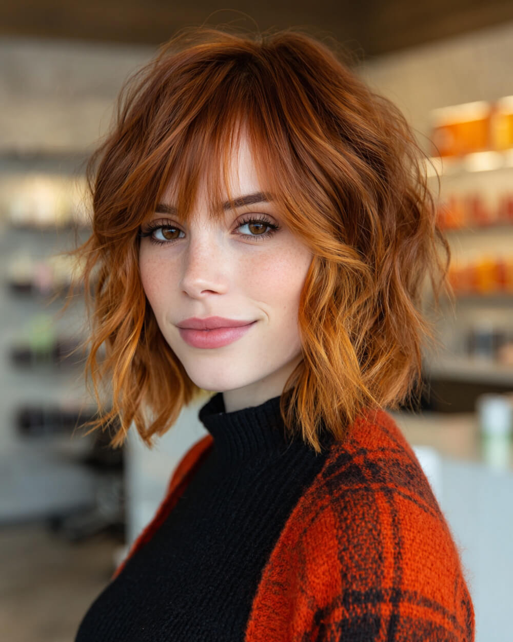 Wavy copper bob with wispy bangs, warm Halloween hairstyle for short hair